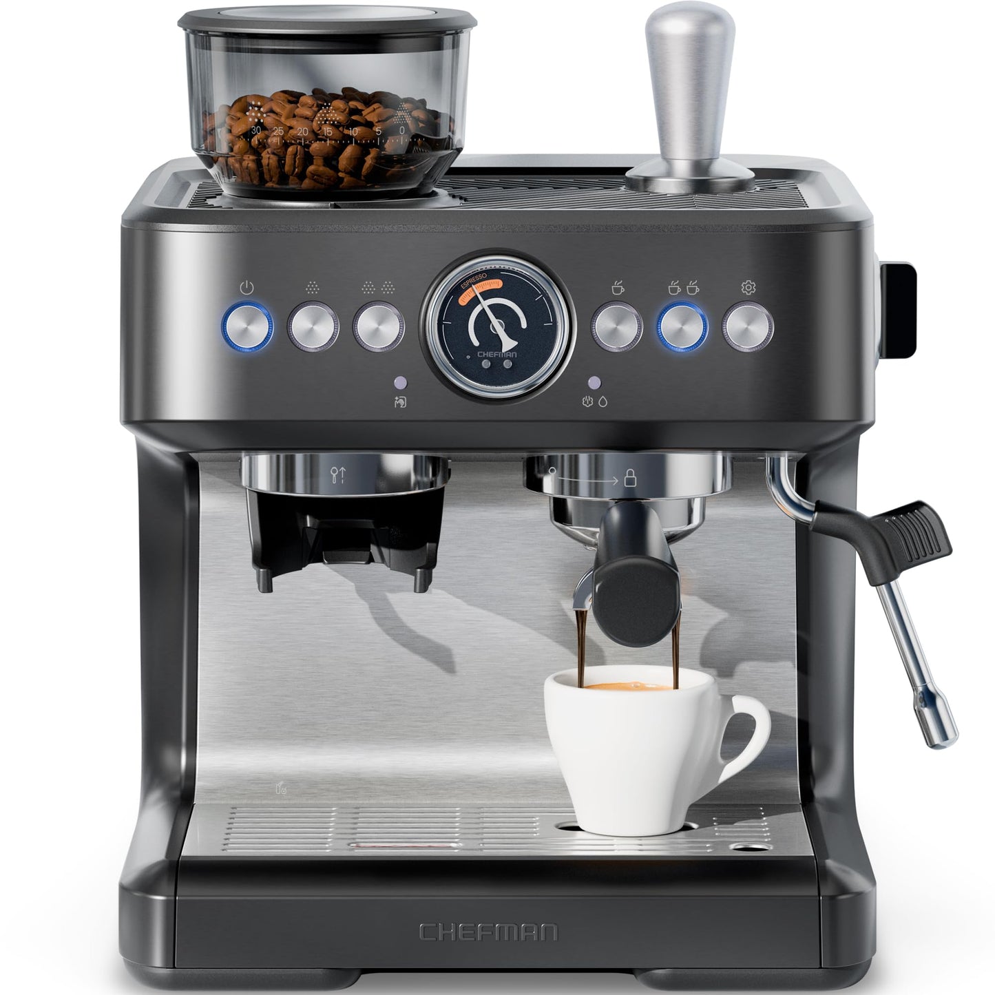 Chefman Crema Deluxe Espresso Machine with Double Boiler, Use Milk Frother and Brew Espresso Simultaneously, Professional Coffee Maker with Coffee Grinder and Steam Wand, 30 Grind Settings