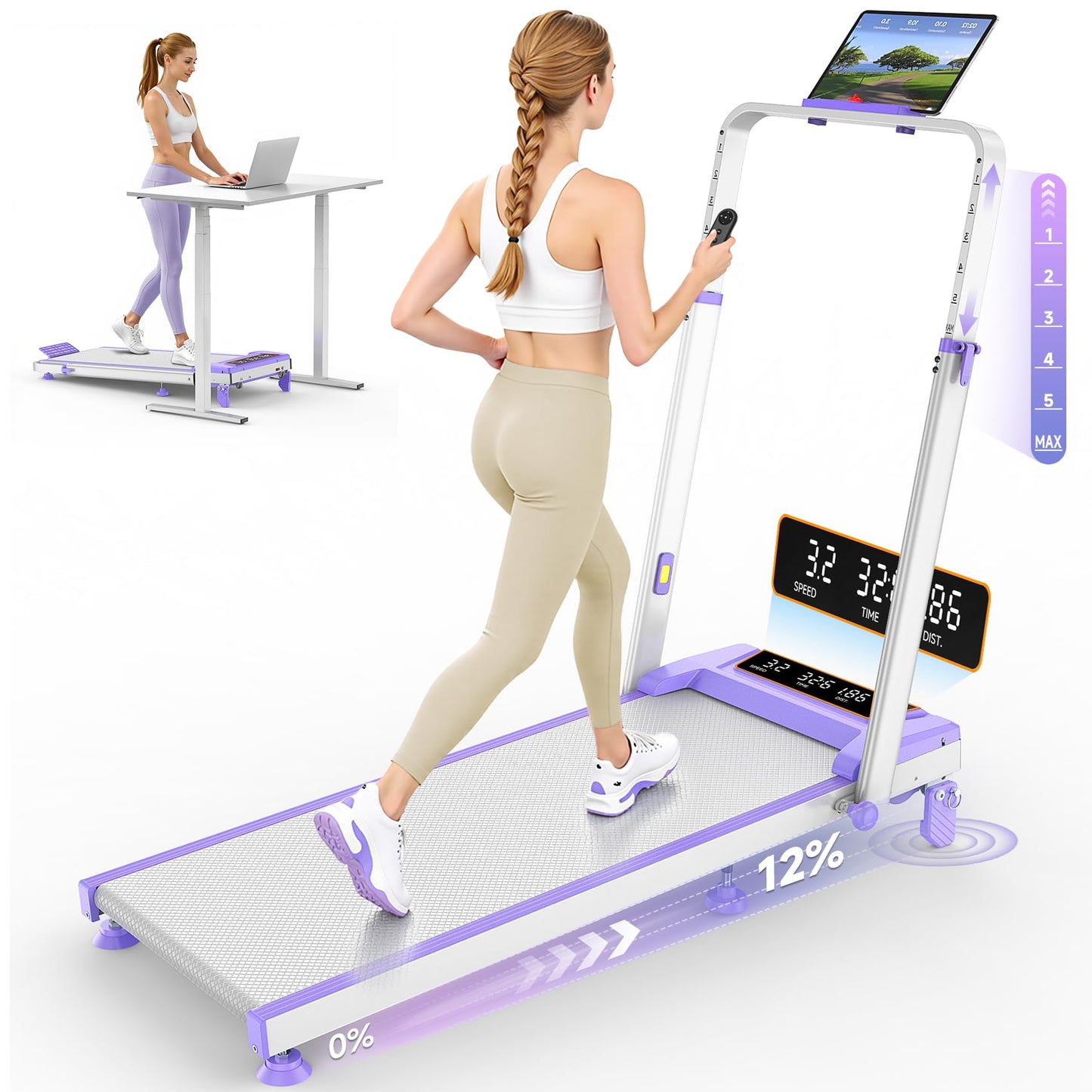 Trisomy 12% Incline Walking Pad Treadmill for Home, 3.5HP Walking Pad with Incline/Adjustable Height, 4 in 1 Under Desk Treadmill with Handle Bar, Foldable Treadmill 350LBS, APP & Remote, LED Display