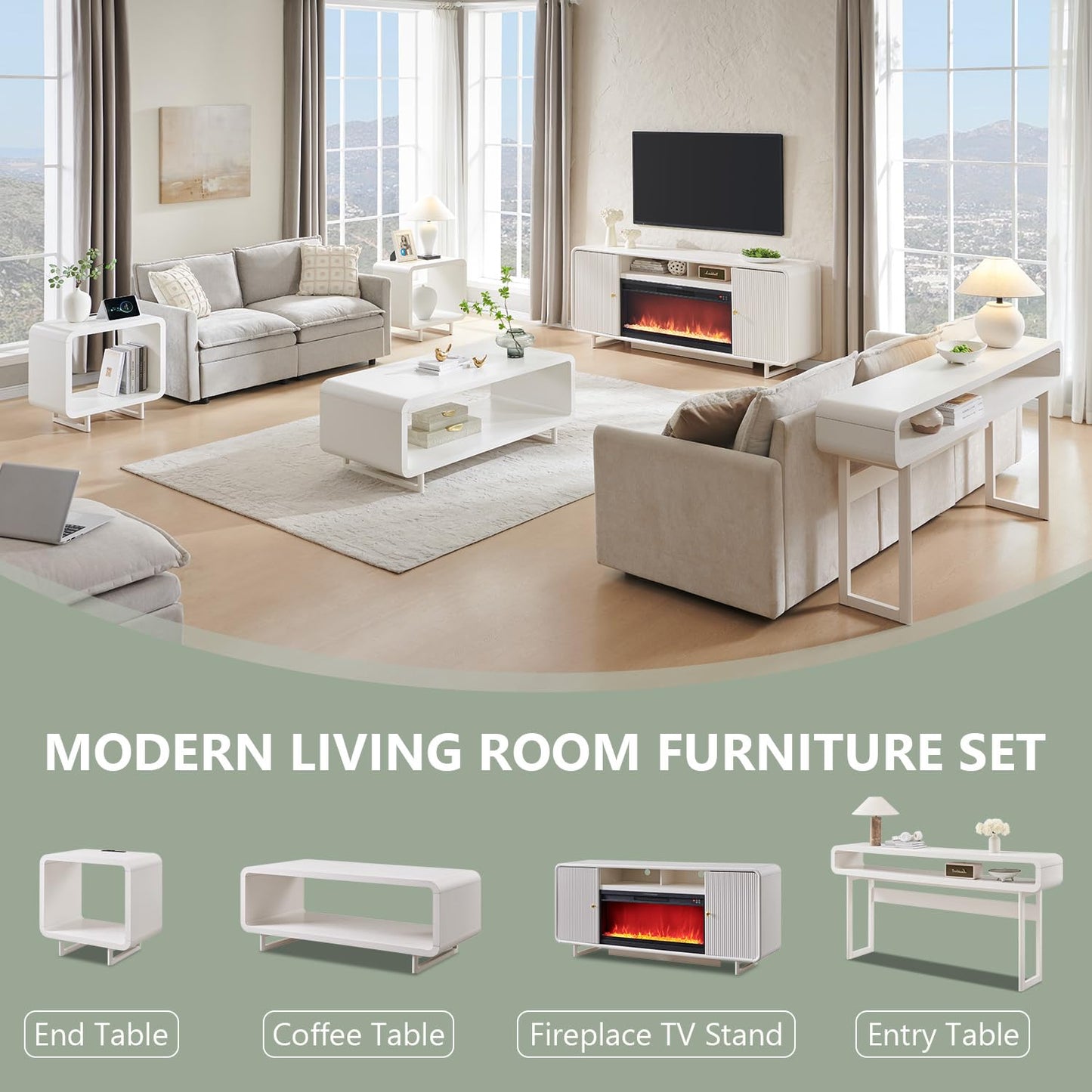 IFGET 70" Fluted Fireplace TV Stand for 80 Inch TV, Modern Entertainment Center w/36'' Electric Fireplace, Wood Media Console w/Curved Profile Design and Adjustable Shelves for Living Room, White
