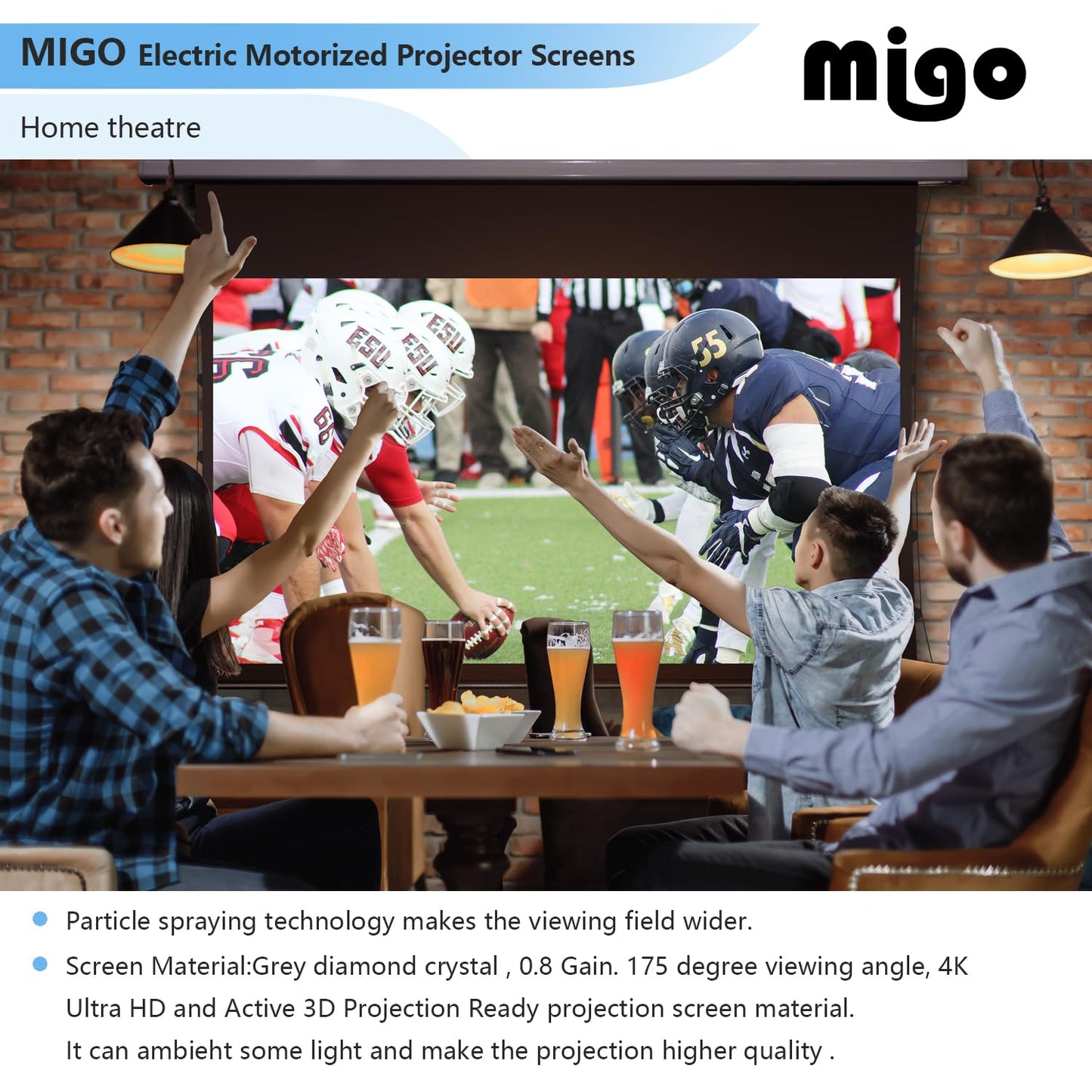 MIGO 150 Inch Pull Down Electric Projector Screen, Grey Crystal 2.0 Gain Partial Ambient Light 4K Tab-Tension Projector Screen Wall & Ceiling Mount for Short Throw Projector Movie Home Theater Cinema