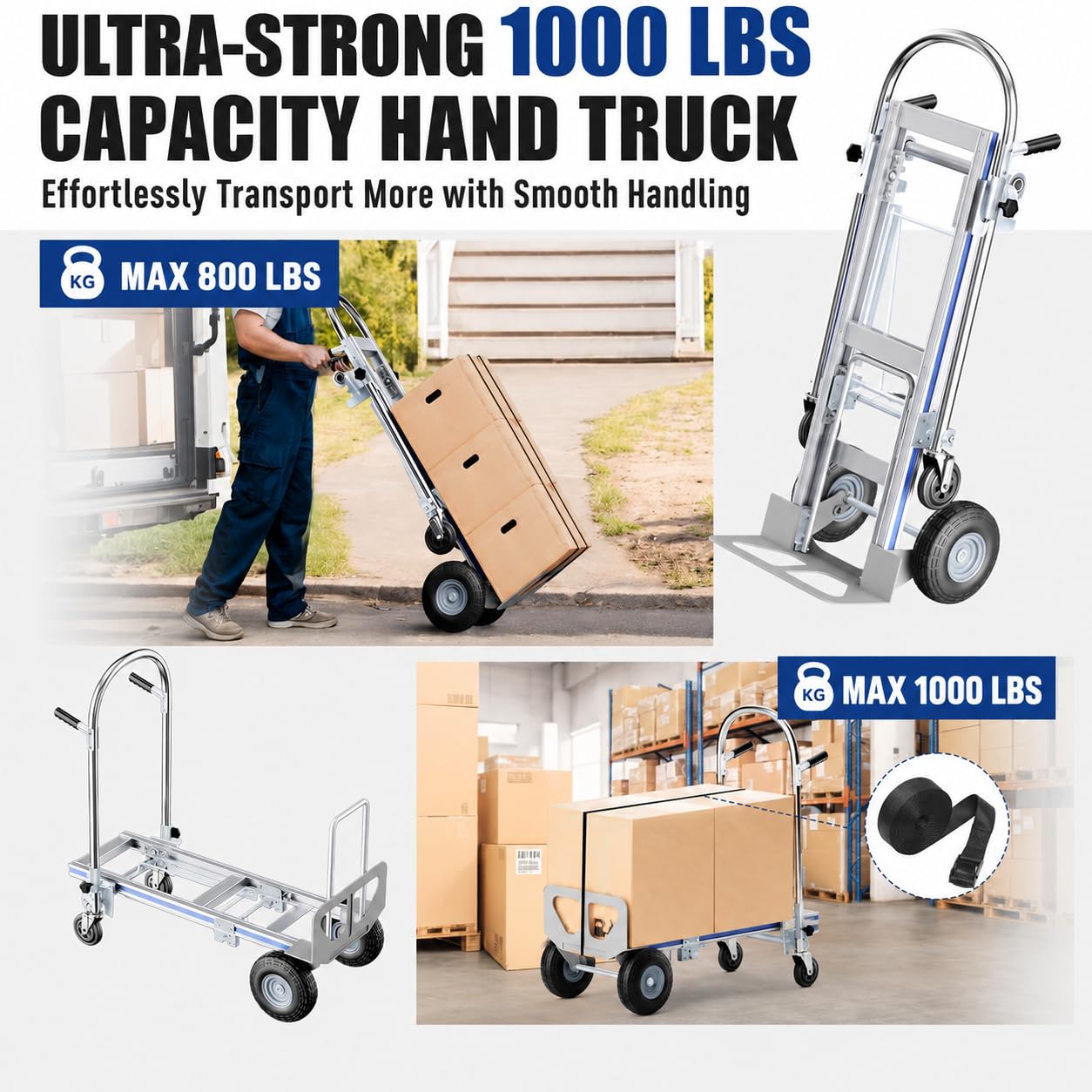 Hand Trucks Heavy Duty Aluminum Dolly Cart, 3 in 1 Design 1000 Lbs Capacity with Solid Wheels - Foldable, Portable, Ergonomic Handle, Perfect for Construction, Warehouses, Factories, Indoor & Outdoor