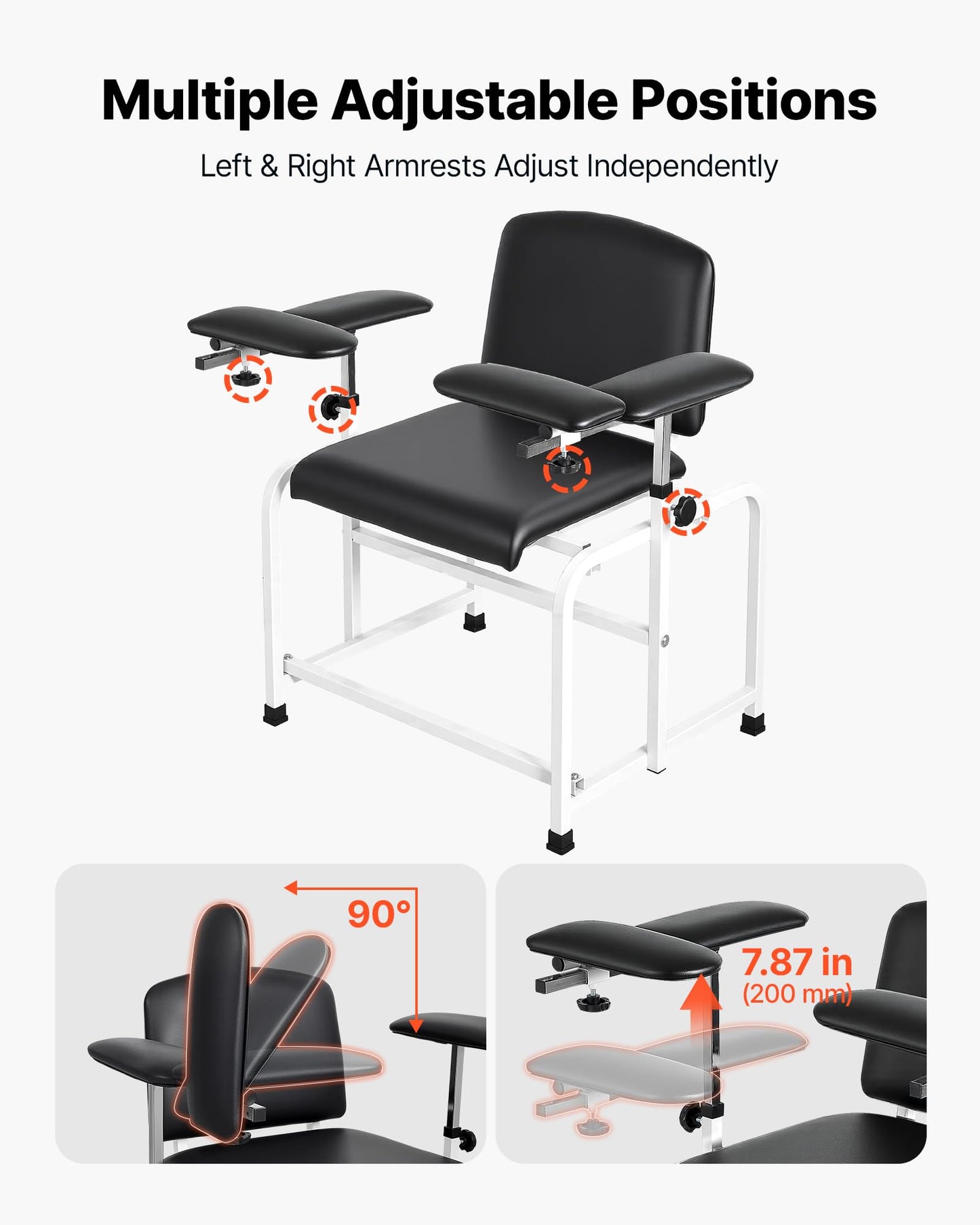 VEVOR Phlebotomy Chair 750LBS Capacity Blood Draw Medical Chair, Comfortable Blood Drawing Chairs with Adjustable Armrests, Soft Padded Seat, Easy-to-Clean PVC Leather for Hospitals Clinics