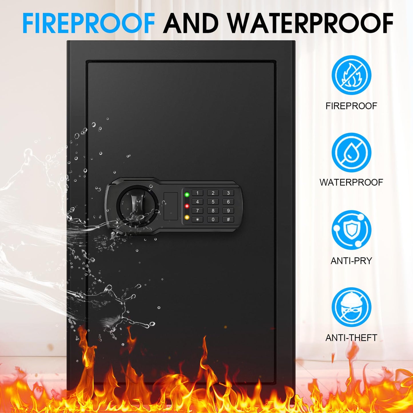 6.1 Cuft Extra Large Fire Safes for Home, Digital Fireproof Safe with Programmable Keypad, Spare Keys and 3 Removable Shelves, Anti-Theft Security Waterproof Document Safe Box for Money Valuables