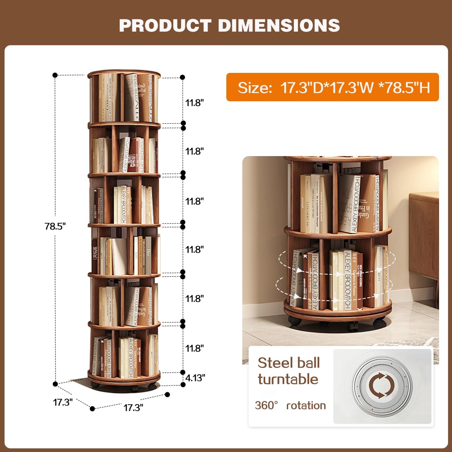 6-Tier Rubberwood Rotating Bookshelf, 360° Spinning Bookcase with Lockable Wheels, Space-Saving Freestanding Corner Storage Rack, Walnut Finish, 17.3"D×17.3"W×78.5"H for Living Room Office Bedroom
