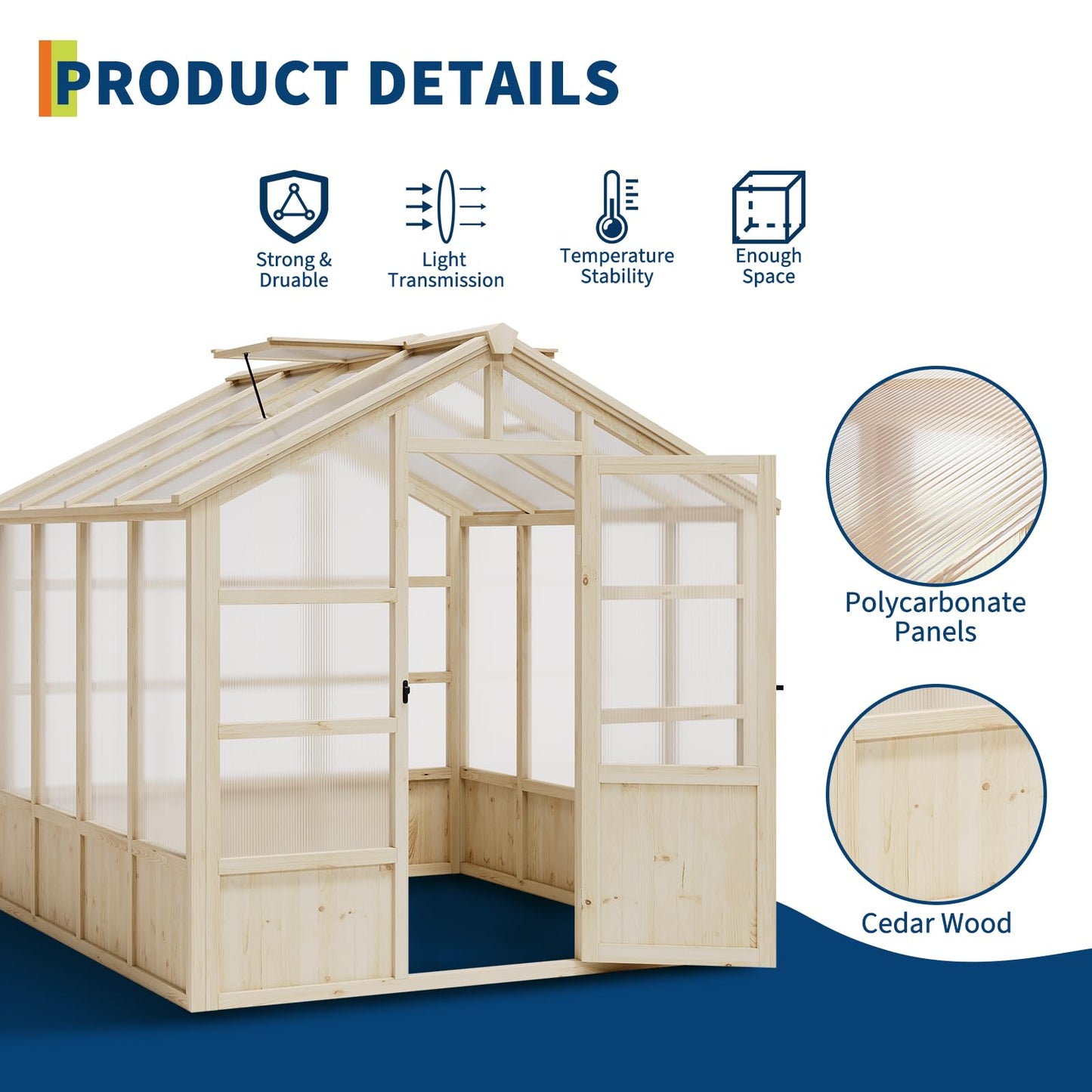 8x8FT Wooden Greenhouse, Greenhouses with Lockable Door, Wood Frame & Adjustable Vent, Greenhouse with for Outdoor, Garden, Yard, Light Brown