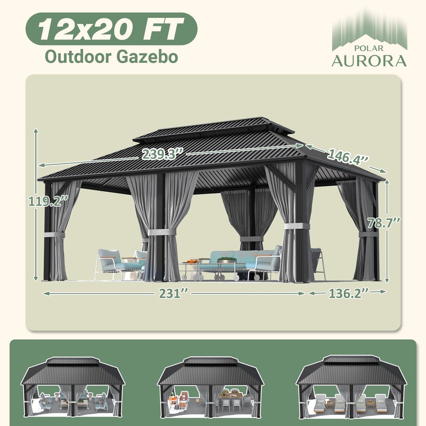 Polar Aurora 12x20 FT Outdoor Gazebo Hardtop Grill Gazebo Aluminum Galvanized Steel Double Roof Outdoor Pergola Include Curtain and Netting for Backyard, Patio, Lawn