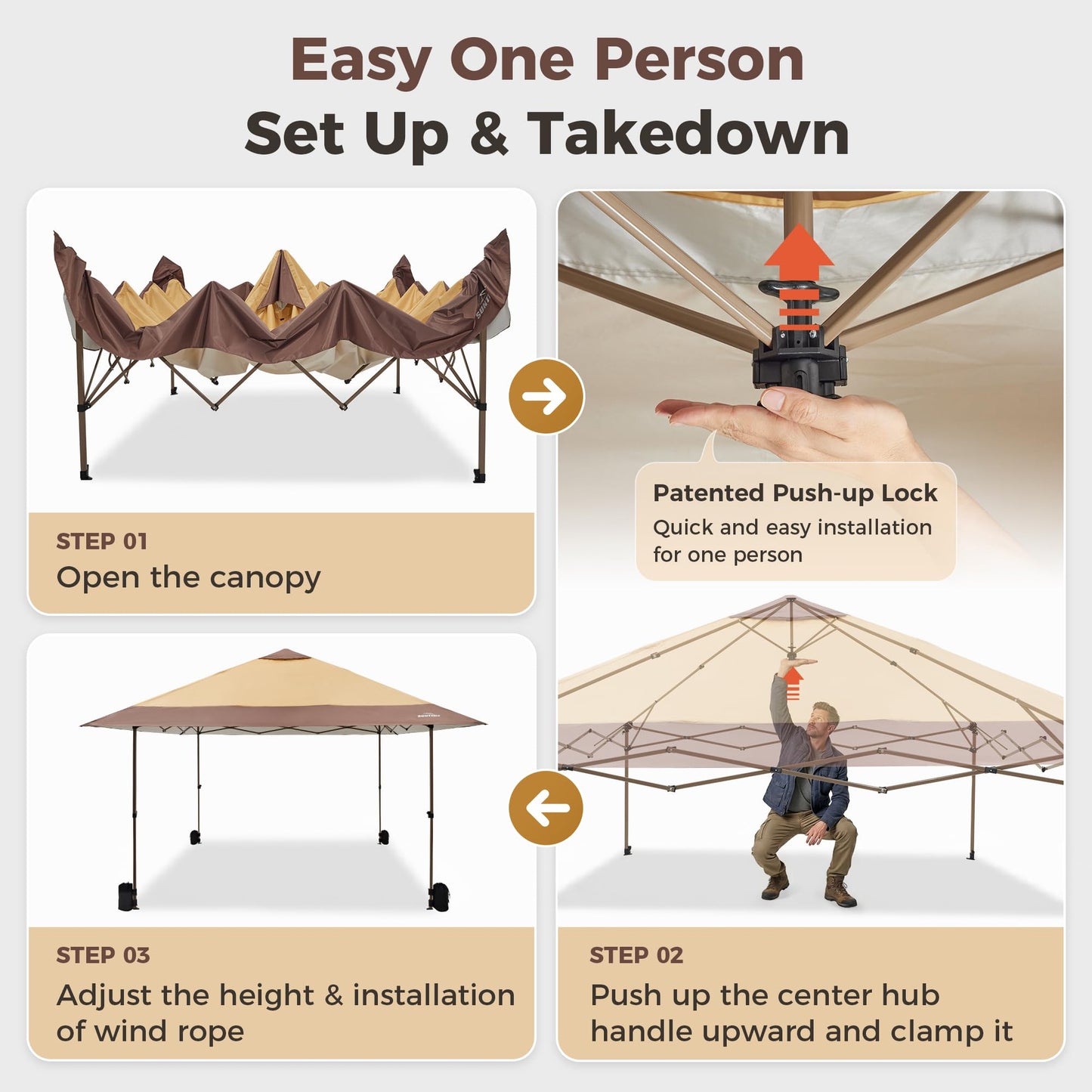 OUTDOOR LIVING SUNTIME 13x13 Instant Easy Pop Up Canopy,Portable Commercial Gazebo Camping Gazebo Tent Shelter with Wheeled Roller Carry Bag, Bonus Weight Sandbags, Stakes, Ropes -Khaki