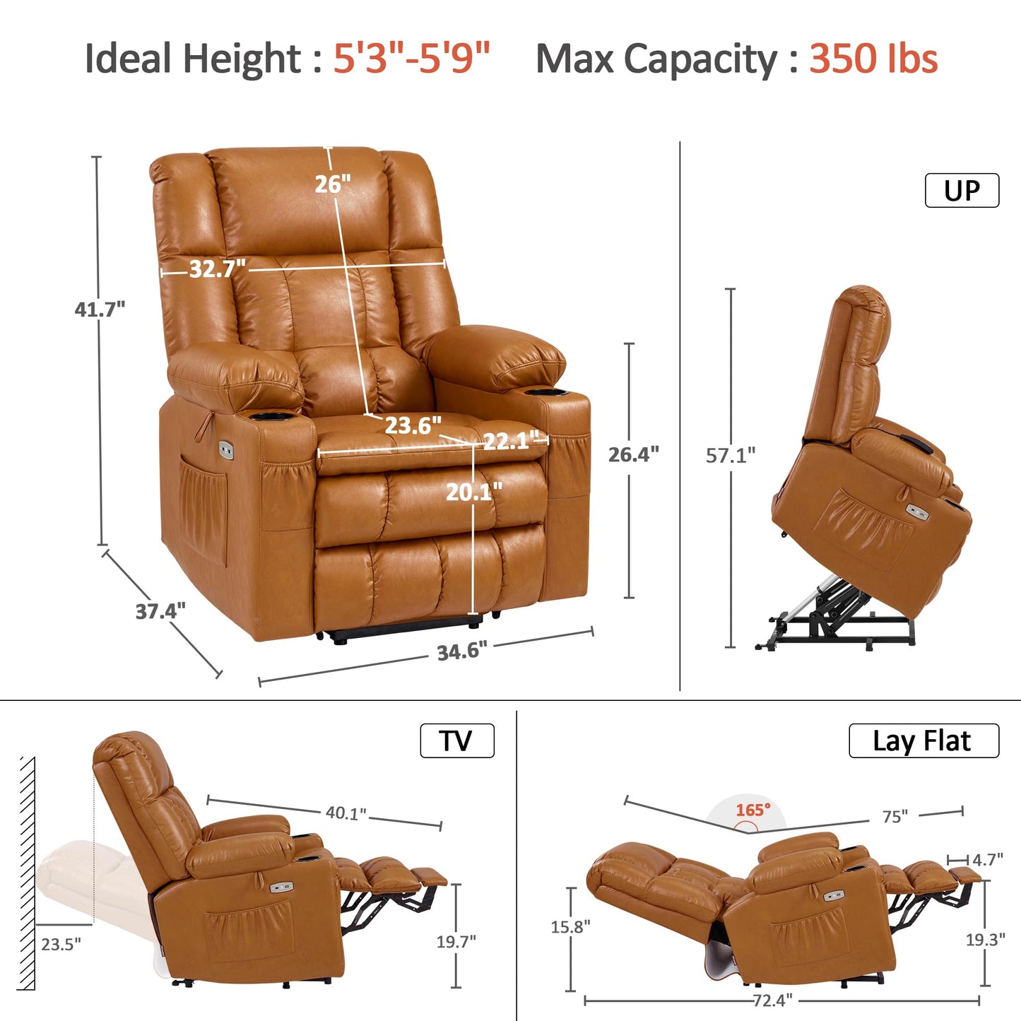 MCombo Dual Motor Power Lift Recliner Chair for Elderly, Lay Flat Lift Chair with Heat and Massage, Cup Holders, USB Ports, Faux Leather 7890 (Tawny, Medium)