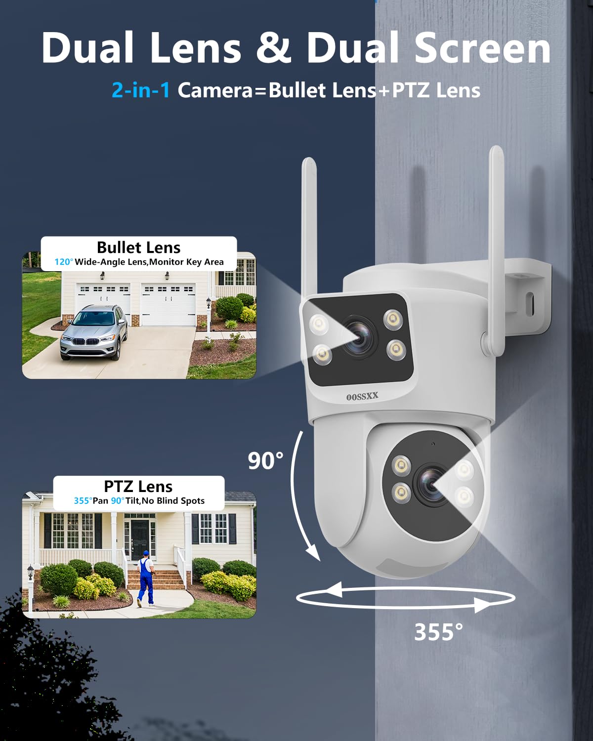 OOSSXX (2026 New) 4MP Dual Lens Wireless Security Camera System, 16CH WiFi NVR with 4 Cameras, 4 Antennas 55% Longer Range, Fixed + PTZ View, 500GB HDD, Free App No Monthly Fee