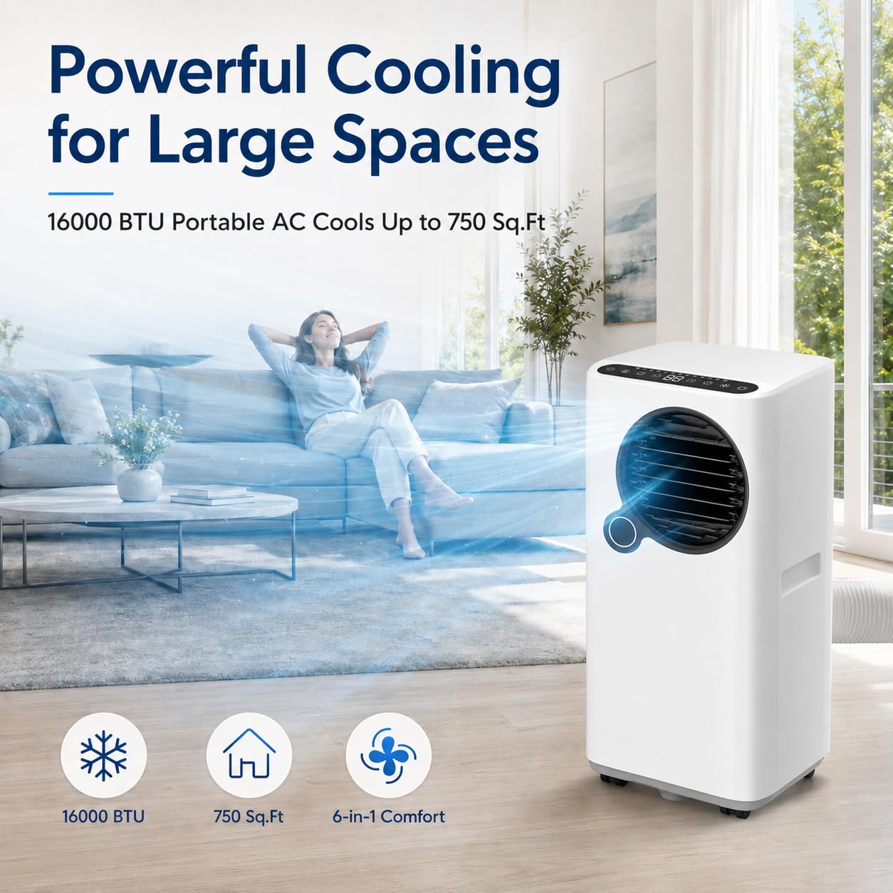 Portable Air Conditioners 16000 BTU 6-in-1 Smart AC Unit with WiFi App for Large Rooms up to 750 Sq. Ft., Quiet 45dB Sleep Mode 24H, Child Lock, Dehumidifier Fan, Perfect for Bedroom Home Office