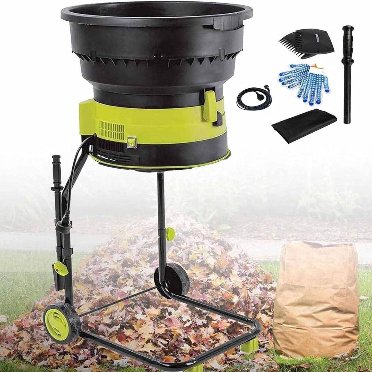 2500W Electric Leaf Mulcher, Garden Leaf Shredder Chipper, 8000RPM Tree Branches Crusher, 17:1 Reduction, Composting Machine with Wheels and Collection Bag, for Home Use and Farms 40m*PowerCord
