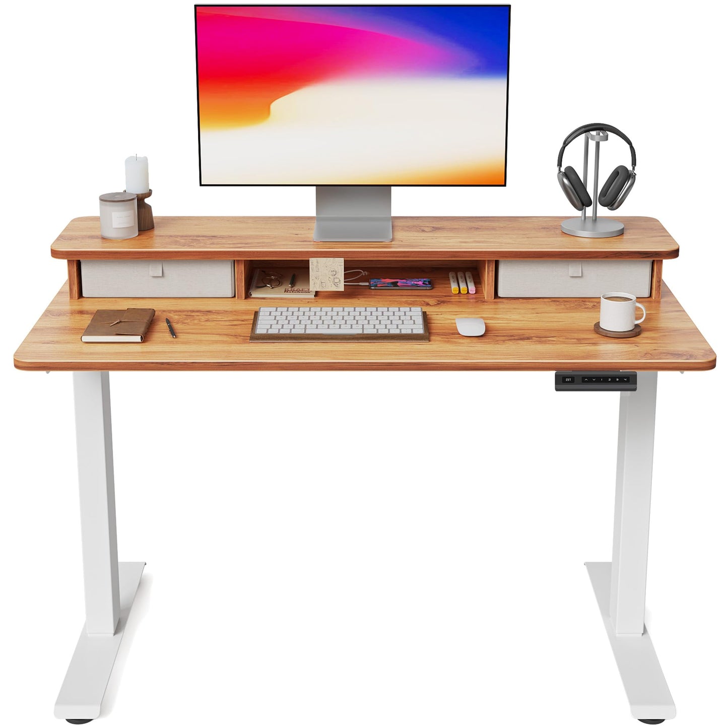 FEZIBO 40 x 24 Inch Height Adjustable Electric Standing Desk with Double Drawer, Stand Up Desk with Storage Shelf, Sit Stand Desk, Light Rustic