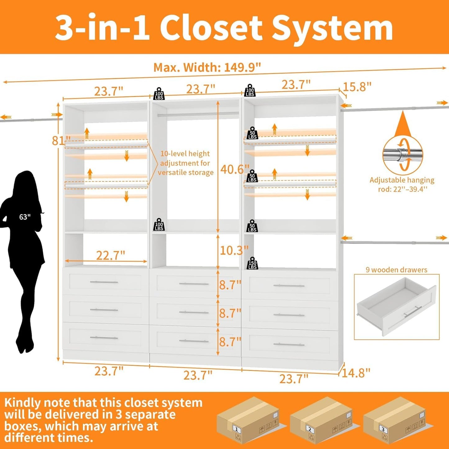 Closet System with 3 Sets, 6–15 FT Closet System with 9 Drawers, 9 Shelves & 4 Adjustable Hanging Rods, Max 189.3" Closet Organizer Systems for Walk-in Closets, Modular Custom Closet Tower, White