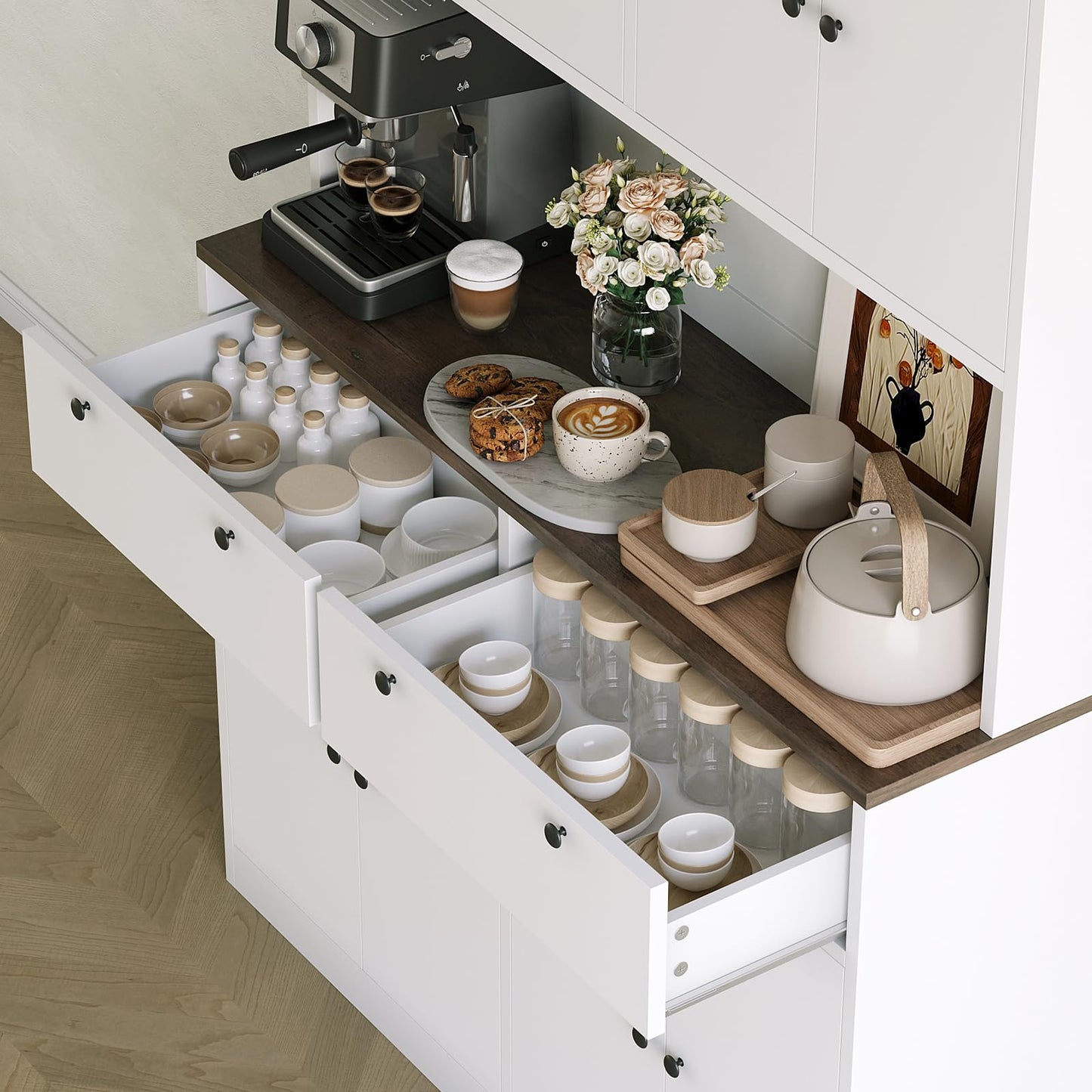 Garvee 71" Tall Kitchen Pantry Storage Cabinet with Charging Station, Food Hutch with Drawers, Doors, Shelves, and Countertop for Dining Room
