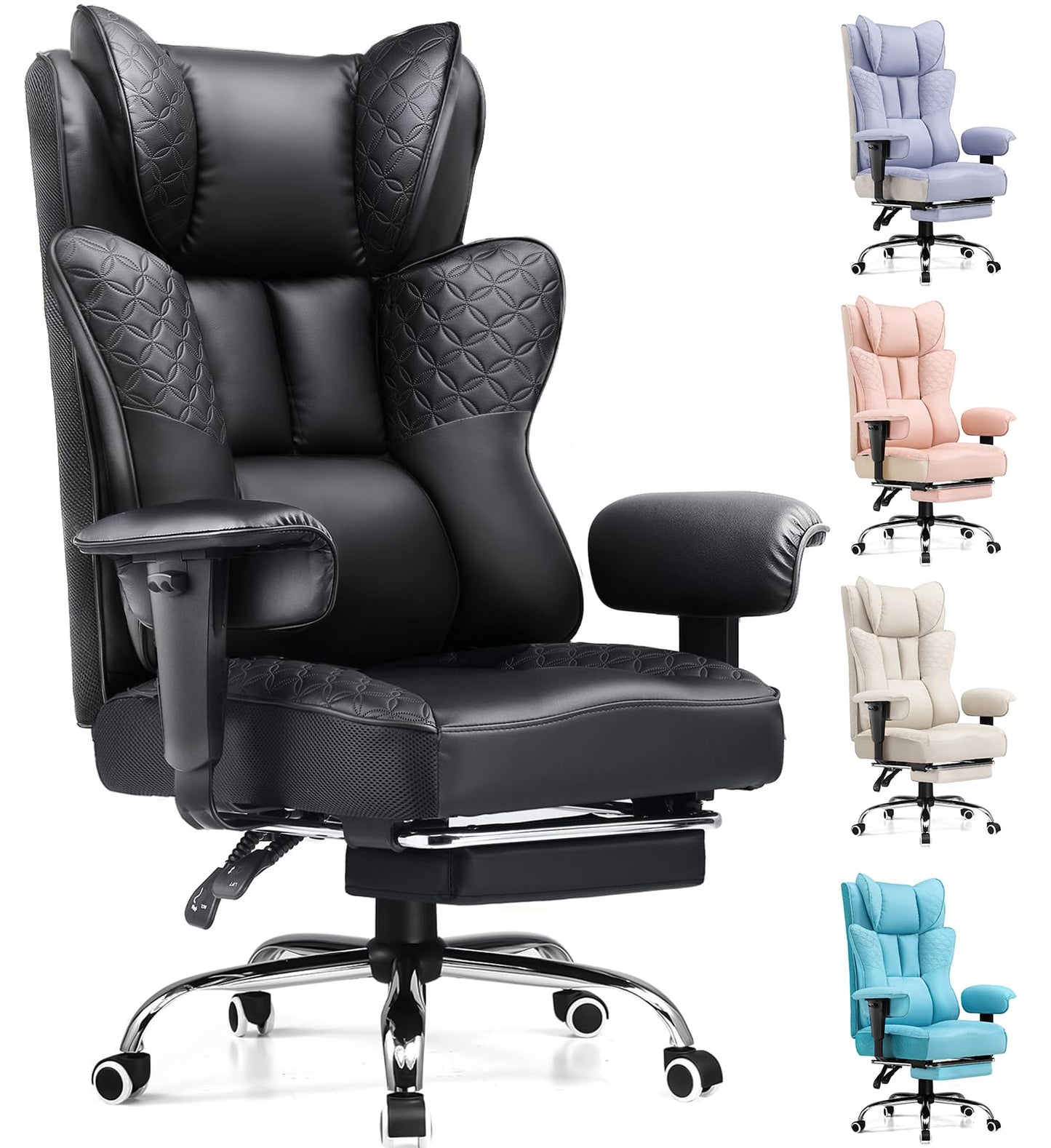 GTPLAYER Big and Tall Office Chair Wide Ergonomic Gaming Chair with Deluxe Embossing Designed Leather with Foot Rest,150°Reclining Adjustable Soft Armrests Pocket Spring Back Support and Pillow