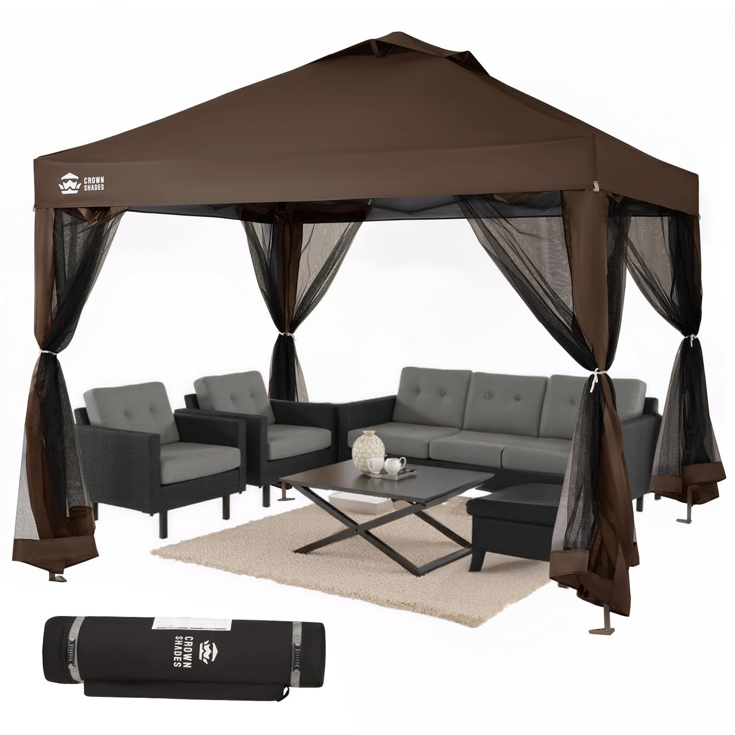 CROWN SHADES Gazebo 10x10 Pop Up Canopy with Mosquito Netting, Screen Tent with 4 Ropes, 8 Stakes, 4 Sandbags and Wheeled Storage Bag, Canopy for Patio & Backyard Parties,Camping&Events -(Coffee)