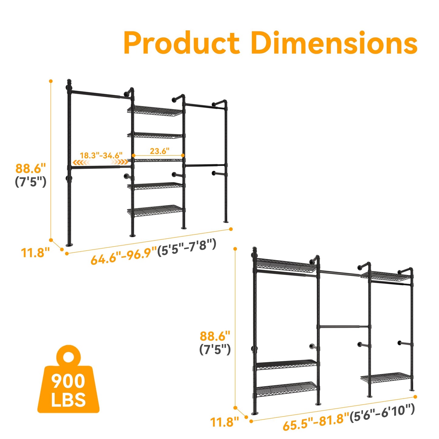 Higeego W3 Industrial Pipe Clothing Rack, Wall Mounted Clothes Rack Closet Wardrobe System with Expandable Hanger Rods Adjustable Storage Shelves, Heavy Duty Corner Walk-in Closet System, Black