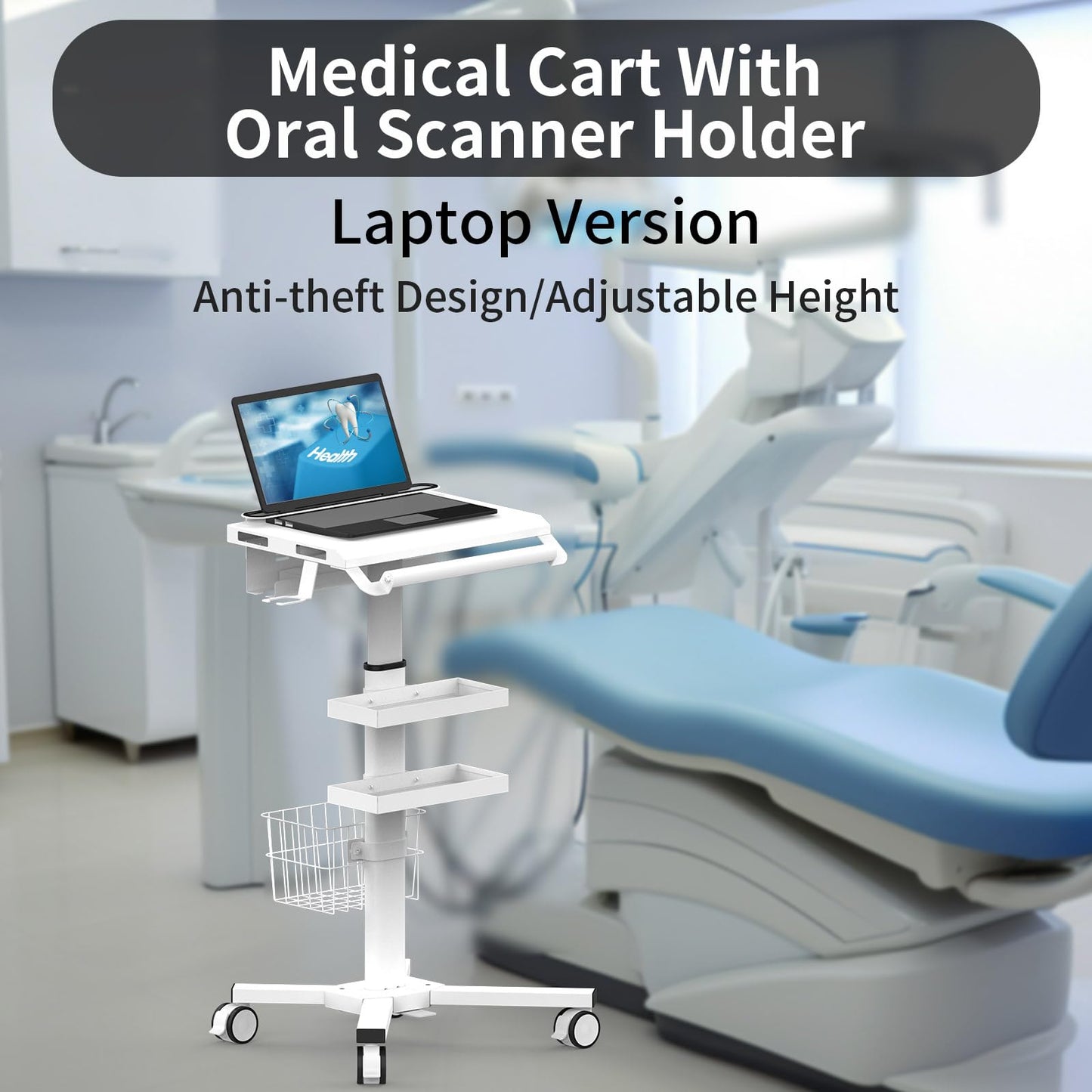 Anti-Theft Medical Laptop Cart with Scanner Holder | Mobile Workstation with Gas Lift | Height Adjustable 31.5" - 47.2" | Secure Storage & Multiple Drawers