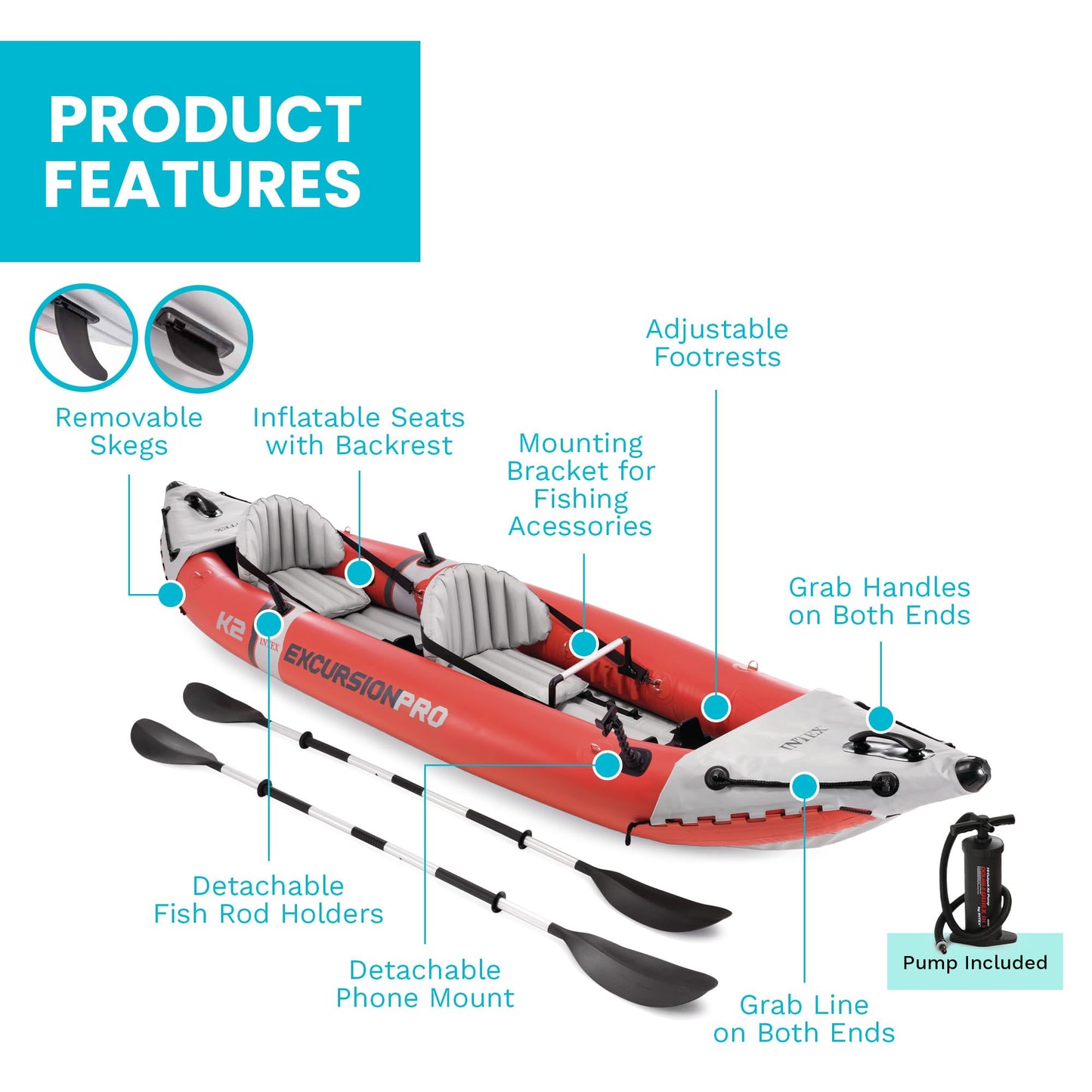 INTEX 68309EP Excursion Pro K2 Inflatable Kayak Set: Includes Deluxe 86in Kayak Paddles and High-Output Pump – SuperTough PVC – Adjustable Bucket Seat – 2-Person – 400lb Weight Capacity