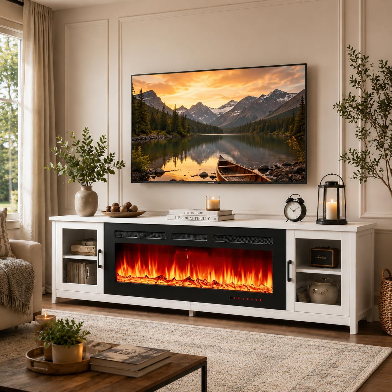 OneBlis 80" Fireplace TV Stand, Modern Entertainment Center with 50" Electric Fireplace, TV Console for Living Room, Fits TVs Up to 90", White & Black