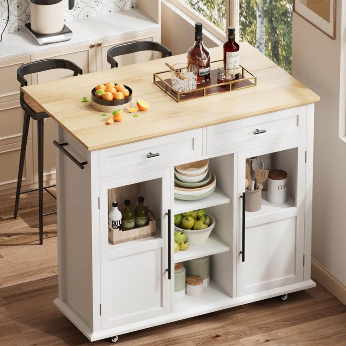 GarveeHome 41 in Rustic Kitchen Island on Wheels - Wood Drop-Leaf Table with 3-Tier Storage, Mobile Coffee Bar Cart for Small Spaces (White & Natural)