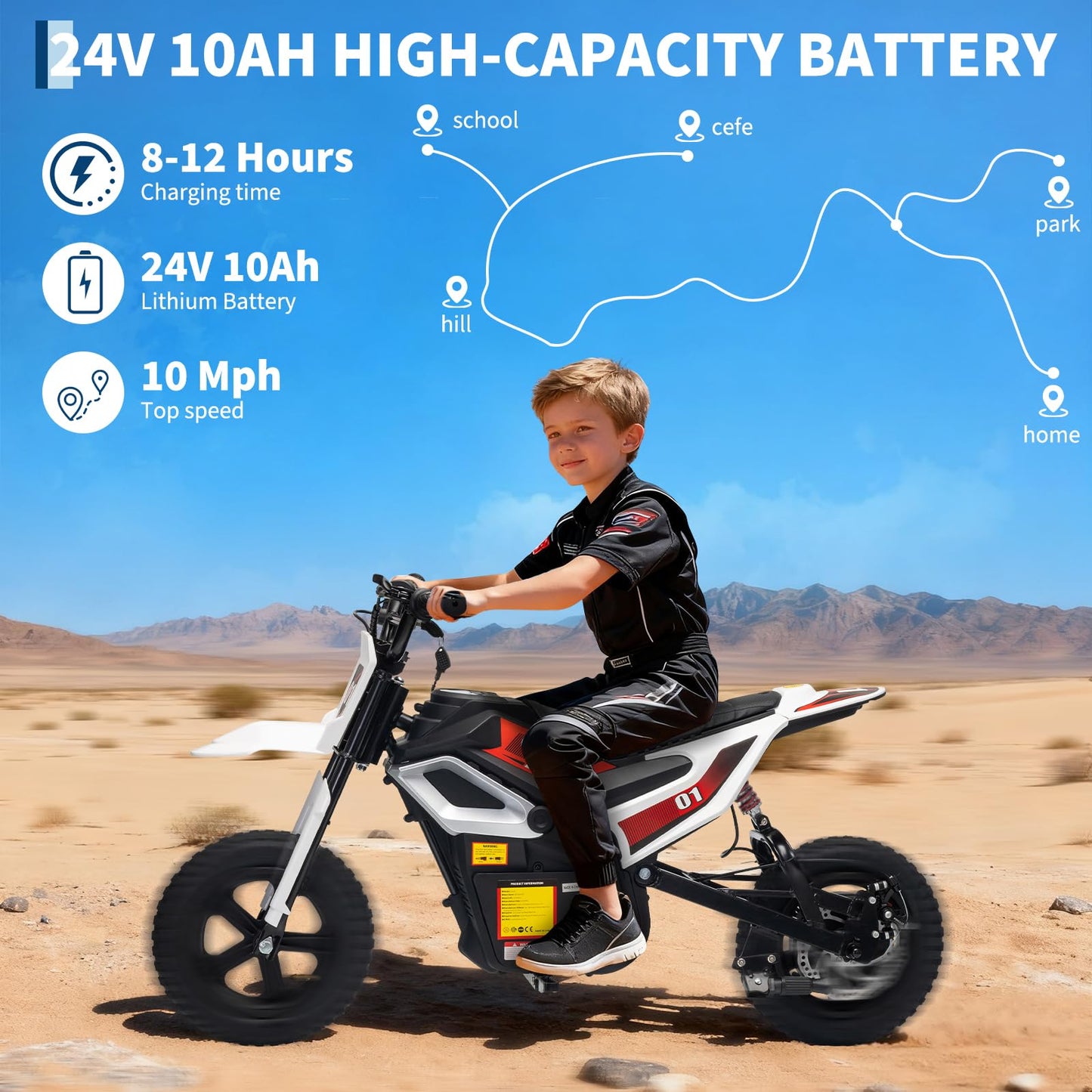 24V Kids Electric Dirt Bike, 350w Motorcycle with 10 MPH Max Speed & 12-Mile Range,Rear Wheel Suspension, Twist Grip Throttle, Rubber Tires
