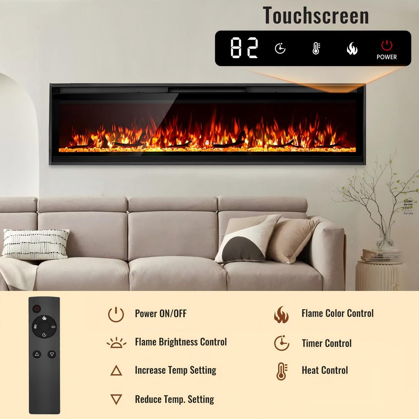 TUAN 60 Inch Electric Fireplace,Ultra-Thin Electric Fireplace Inserts,Recessed & Wall-Mounted Fireplace, Adjustable Flame, Remote Control - Linear with Timer, 750/1500W