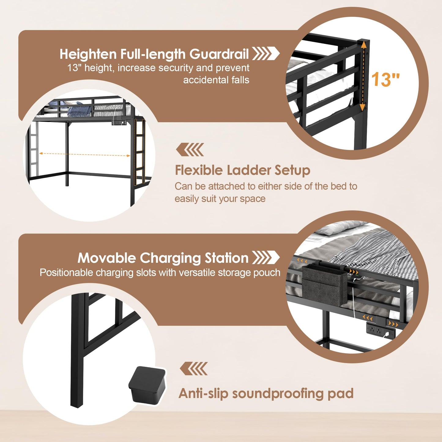 Twin XL Loft Bed with LED Lights & Charging Station, Heavy Duty Metal Bed Frame with Ladder & Guardrail, Reinforced Twin XL Loft Bed with Storage Pocket Space-Saving for Adults, Guest Room, Dorm