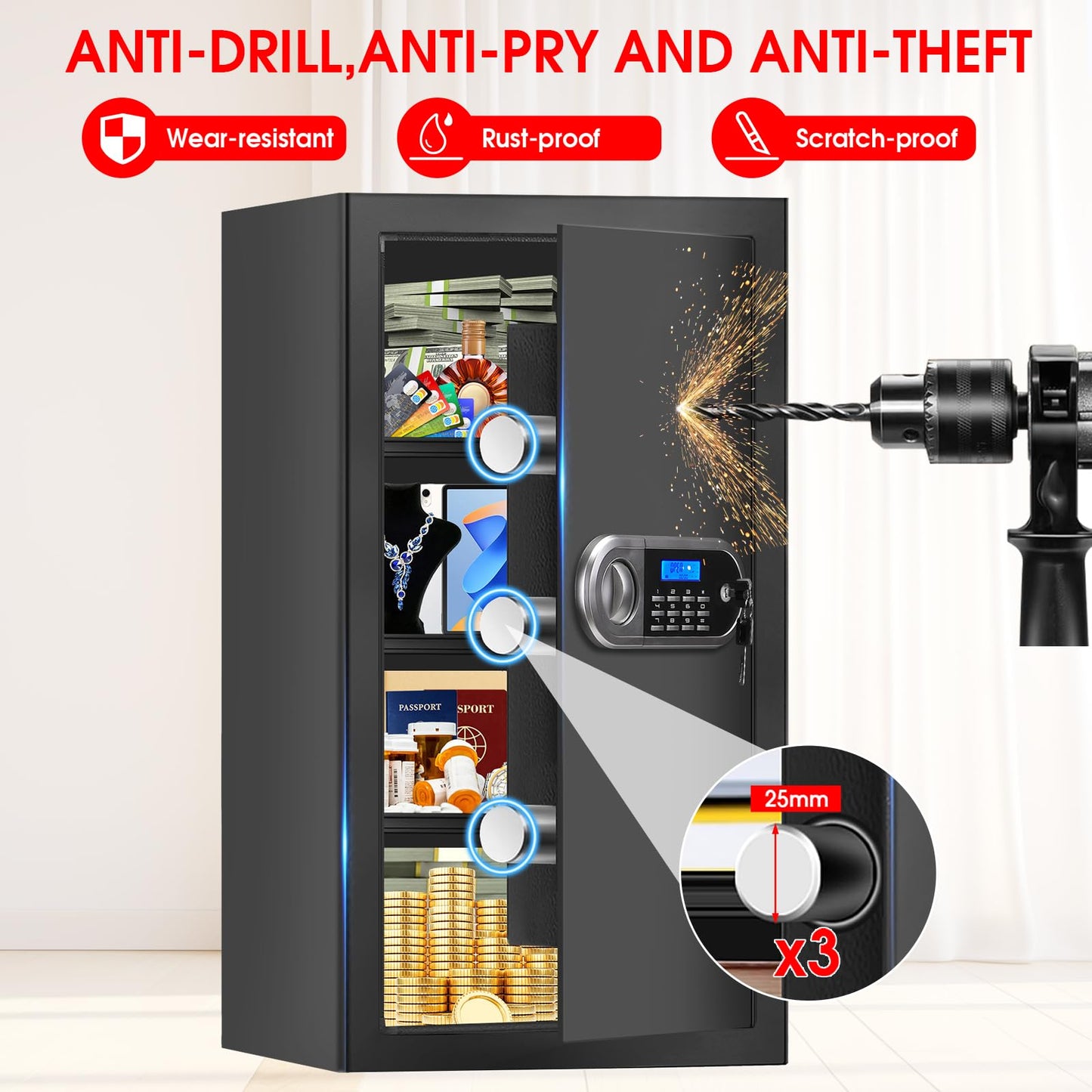 6.0 Cuft Large Fire Proof Safe for Home Documents, Safe Box Fireproof Waterproof with Electronic Keypad, Spare Keys and Alert System, Digital Home Safes Water and Fireproof for Office Money Valuables
