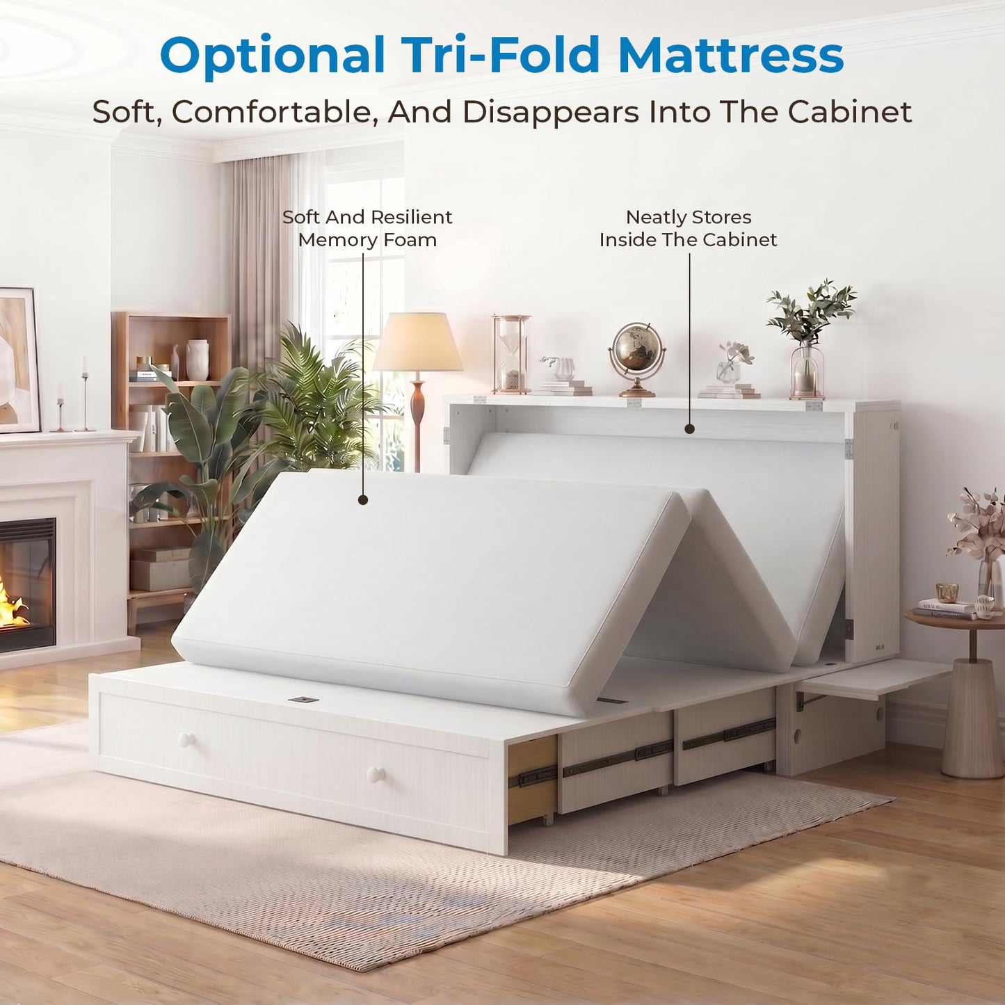 Mjkone Murphy Bed Cabinet Queen with Tri-Fold Mattress Included & USB Charging Station, Modern Versatile Solid Wood Chest Cabinet Wall Bed with Drawers, Adult Guest Beds for Apartment Bedroom - White