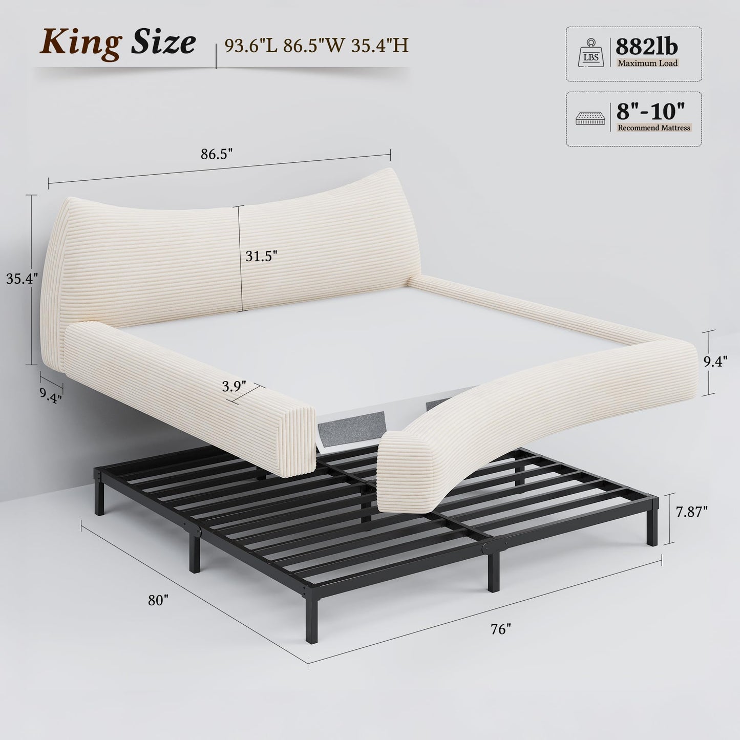 Homkdom Cloud Bed Frame with Headboard,Upholstered Soft King Size Bed Frame Rounded Corner Design,Boucle Bed Frame for Modern Bedrooms Apartments, Guest Rooms,Beige