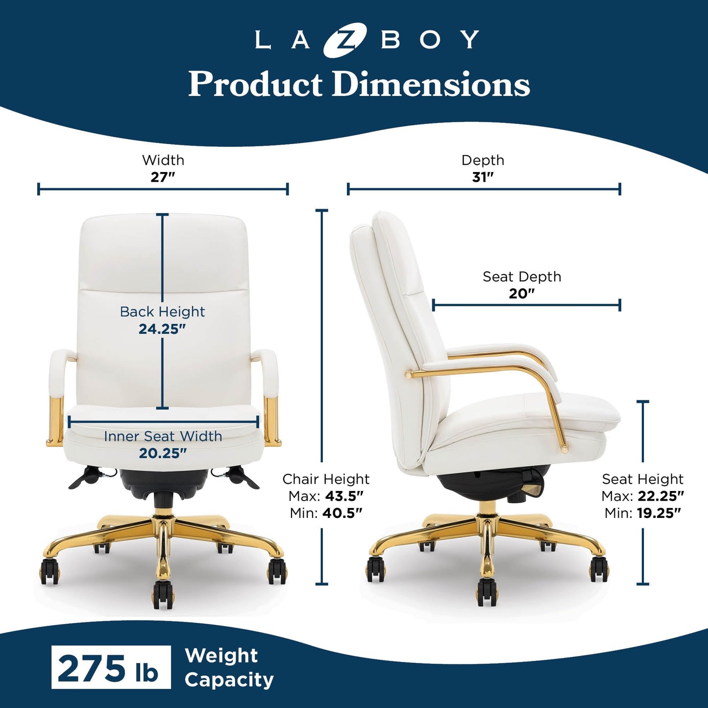 La-Z-Boy Opus Ergonomic Bonded Leather Swivel Executive Chair, White and Gold (CCHR10015A)
