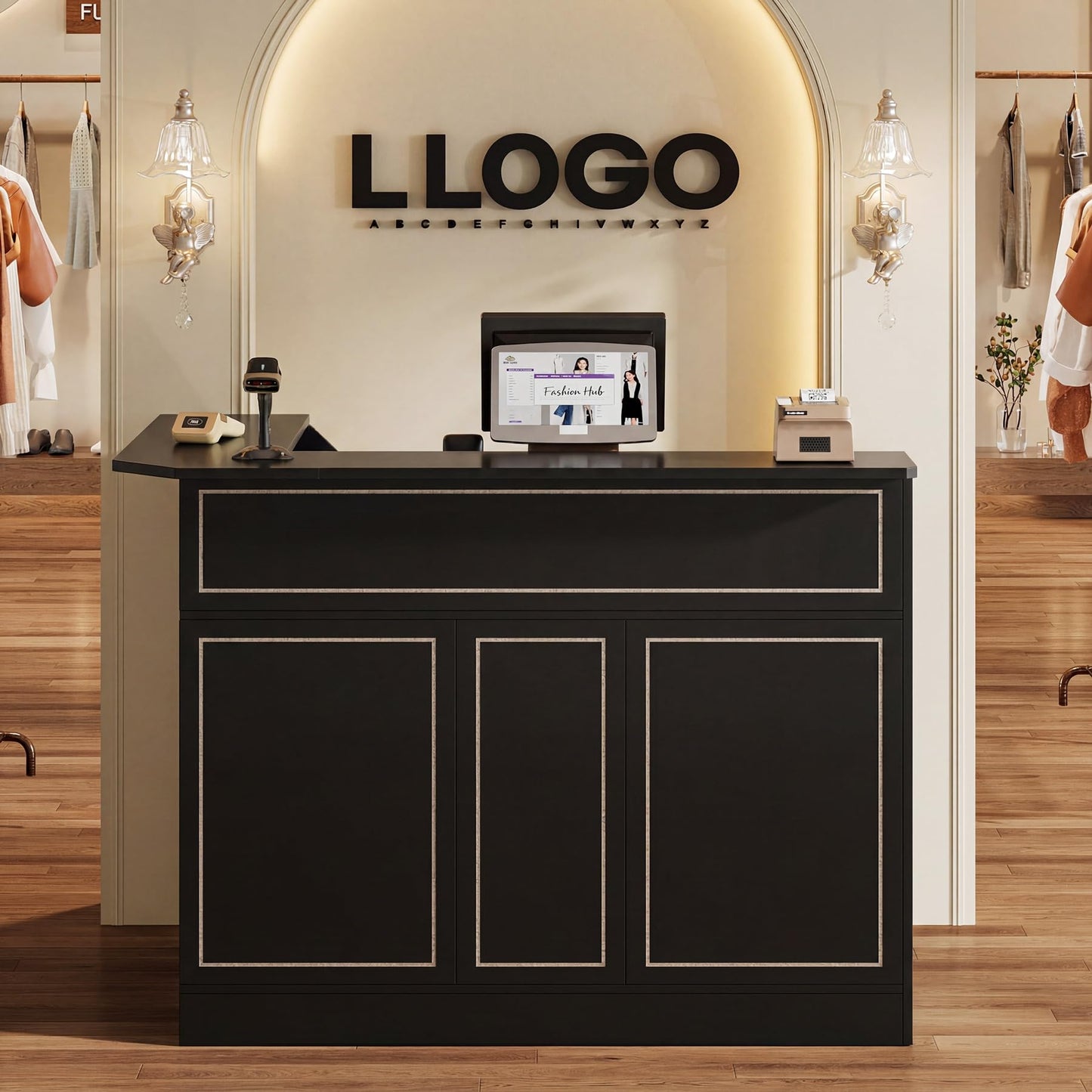 Tribesigns L-Shaped Reception Desk, Modern Black Front Counter with 2-Tier Storage & Stemware Rack, Elegant Office Reception Desk for Lobby, Business Area