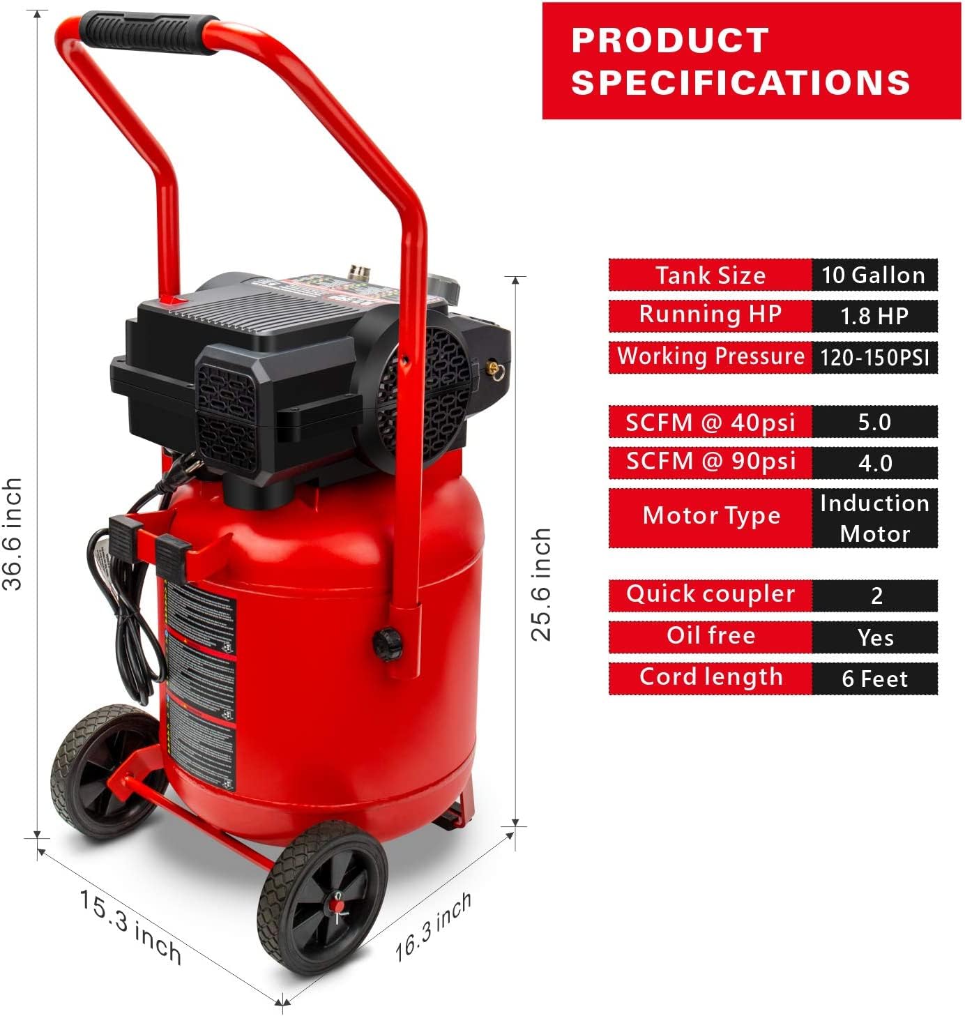 Craftsman Air Compressor 10 Gallon, Peak 1.8 HP, Max 150 PSI, 4.0CFM@90PSI, 5.0 CFM@40PSI, Oil-free, Portable Air Compressor with Wheel, 120V, Model: CMXECXA0331042
