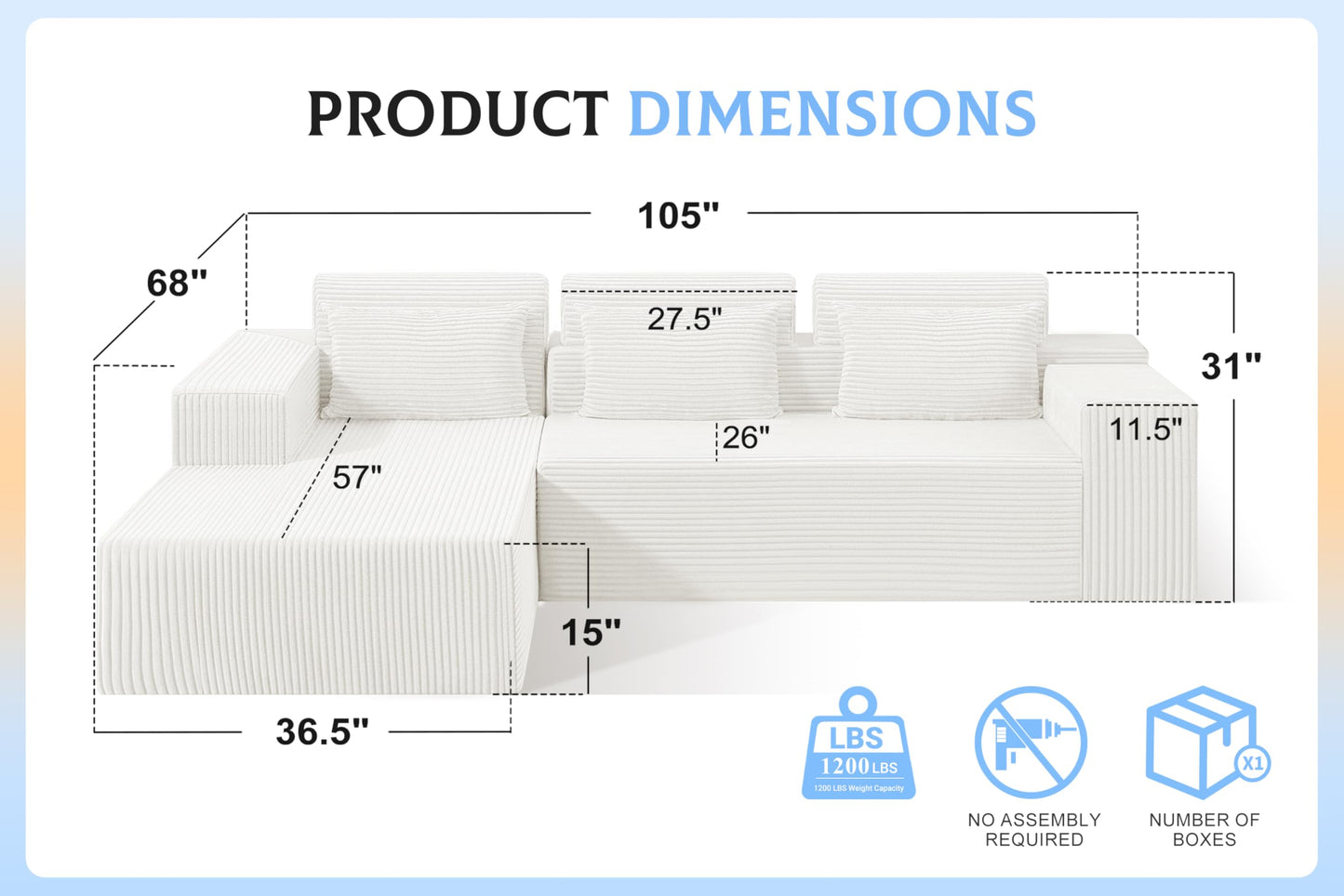 Homguava Modular Sectional Couches for Living Room,105" Cloud Couch with L-Shape Chaise,Comfy Sofa Living Room Sofas with Deep Seat,No Assembly L Couch,Corduroy Fabric(Beige,L)