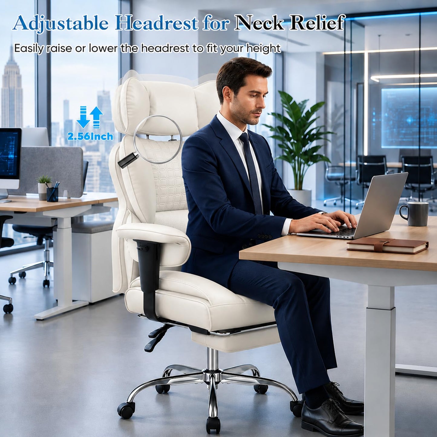 Big and Tall Office Chair 350 LBS, Scratch-Resistant PU Leather Executive Office Desk Chair with Footrest, Ergonomic Reclining Computer Chair with Pocket Spring Support for Home Office, Beige