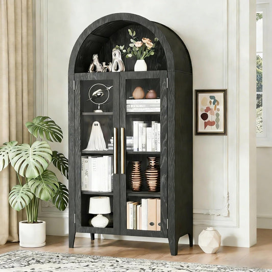 TRUNBACK 63" Tall Arched Display Cabinet with Glass Doors, Modern 5-Tier Curio Cabinet with Adjustable Shelves for Living Room, High Load Capacity Wood Arched Bookshelf Pantry Cabinet, Black