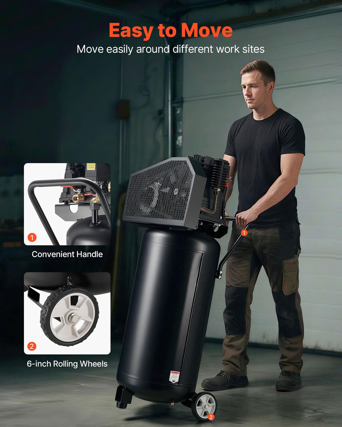 VEVOR 30 Gallons Air Compressor, 2HP 5.3SCFM at 90PSI, Max 125PSI Pressure Oil-Lubricated Air Compressor Tank, Portable on Wheels for Auto Repair,Tire Inflation,Spray Painting,Woodwork Nailing,120V