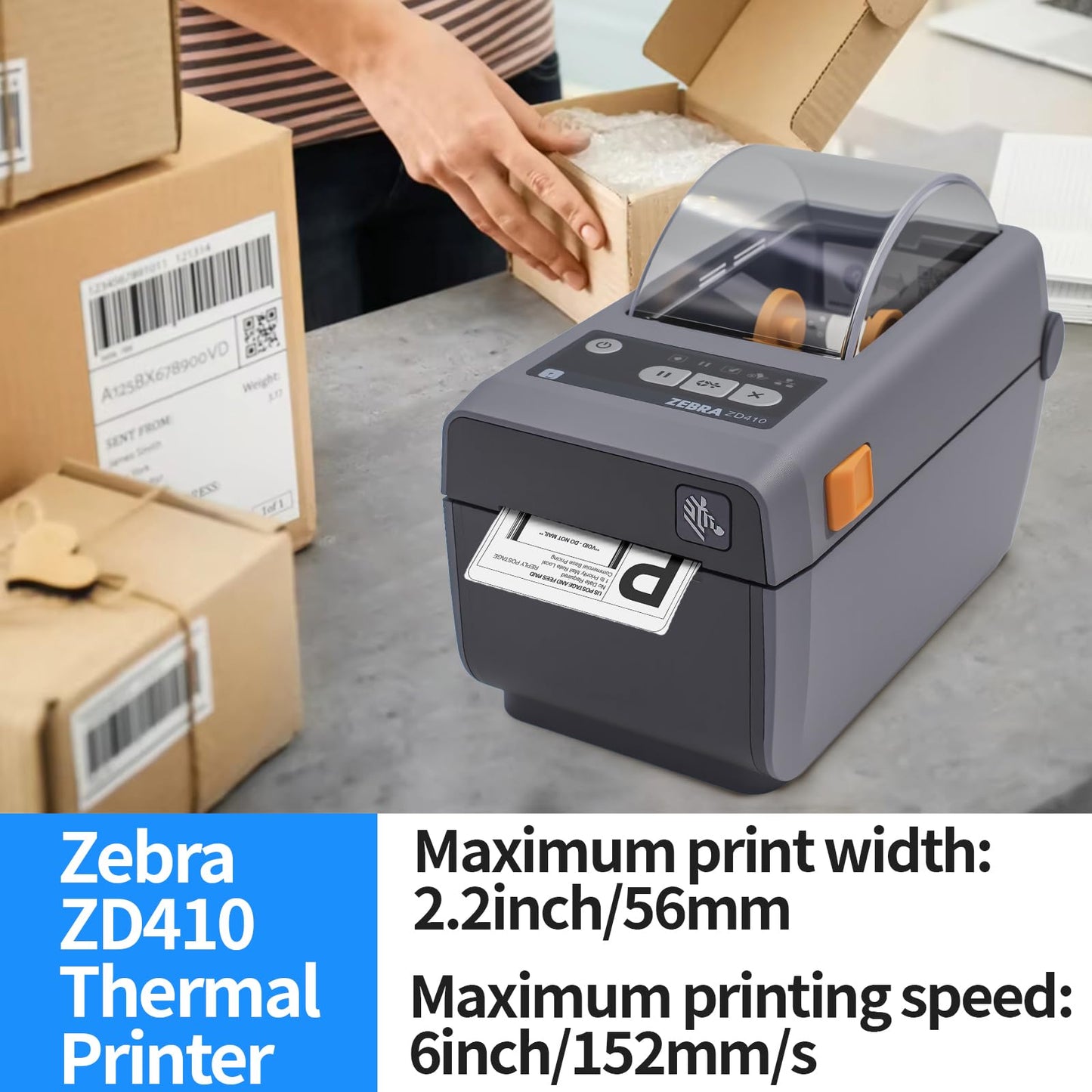 Zebra ZD410 203dpi Direct Thermal Desktop Monochrome Printer Print Width of 2 in Ethernet USB Connectivity, USB Host - ZD41022-D01000EZ