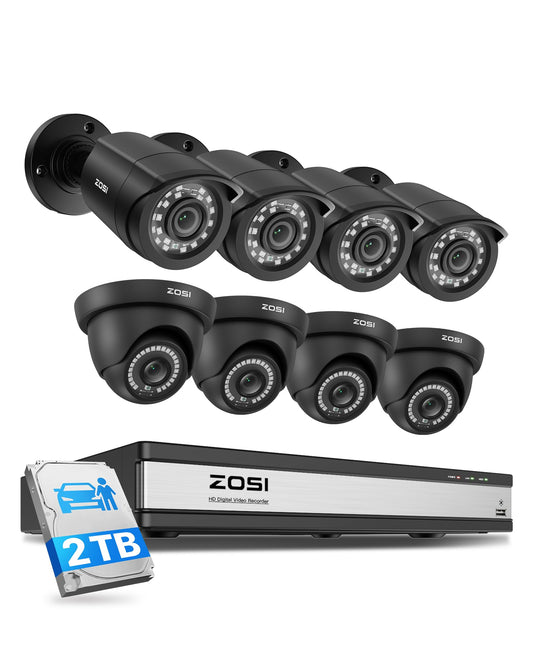 ZOSI 16CH 3K Lite Home Security Camera System,AI Human/Vehicle Detection,Night Vision,Remote Access,8pcs 1080p Outdoor Surveillance Cameras,16 Channel 1080P CCTV DVR with 2TB HDD for 24/7 Recording