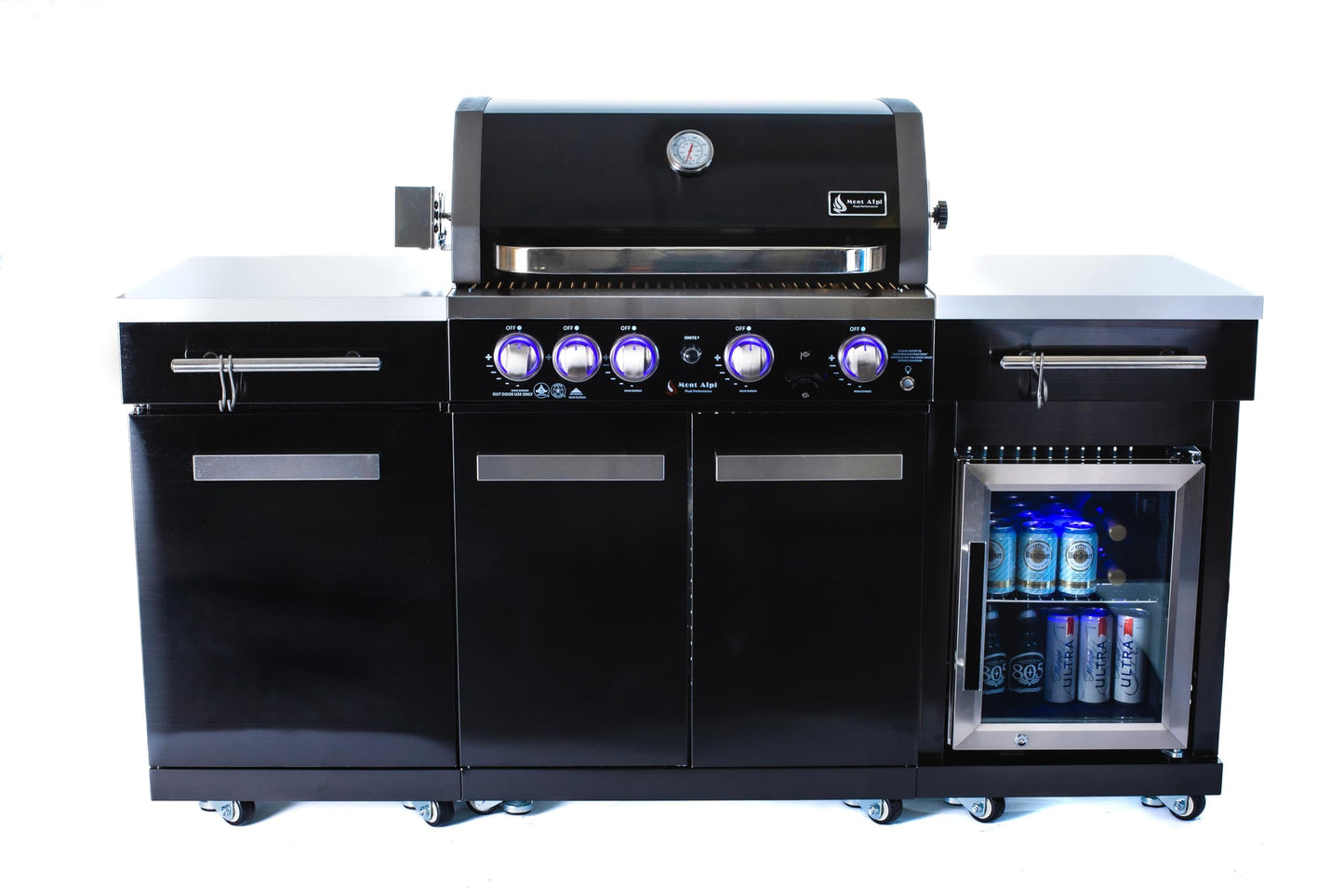 Mont Alpi Premium 70"W x 24"D x 46"H Black Stainless Steel Compact Outdoor Kitchen Island with Refrigerator + 32"W 4-Burner BBQ Grill + Rotisserie Rear Burner + Storage Cabinets + Granite Countertops