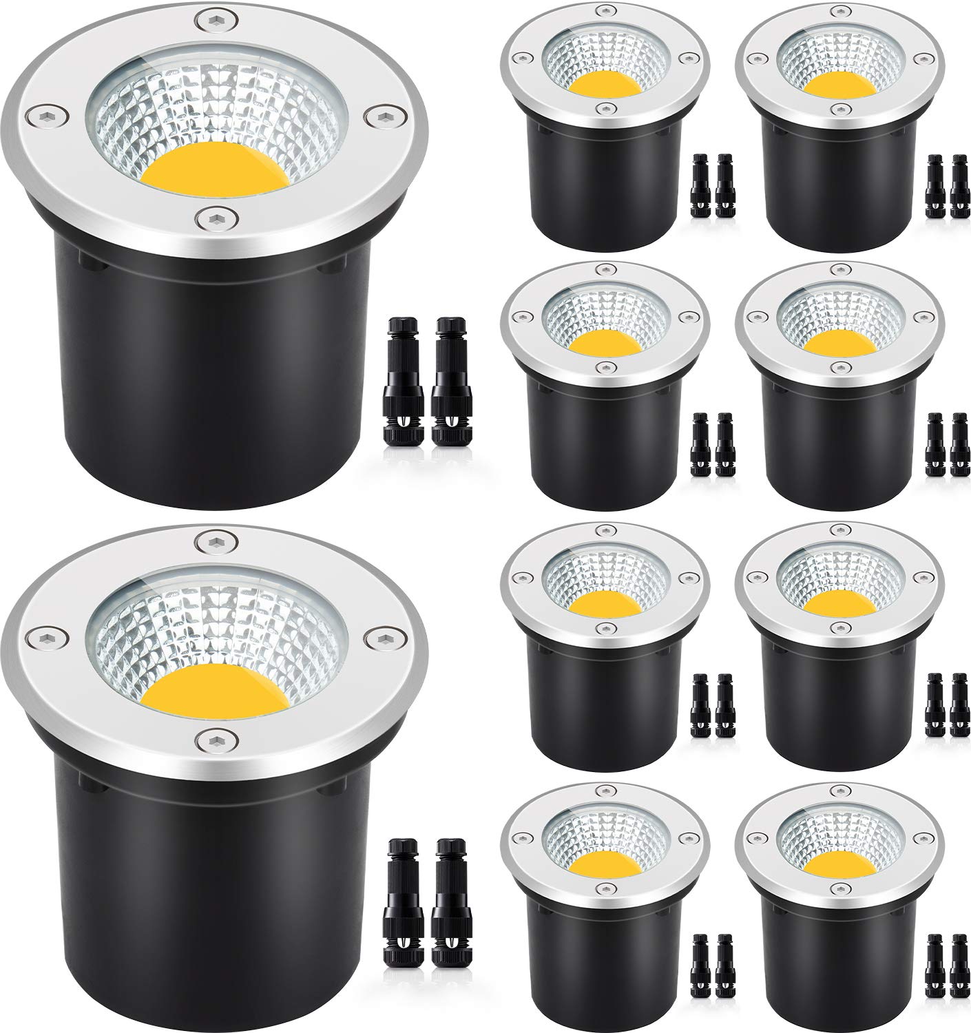 SUNVIE Low Voltage Landscape Well Lights, 12W LED, IP67 Waterproof, 10 Pack with Connectors, Warm White, Black