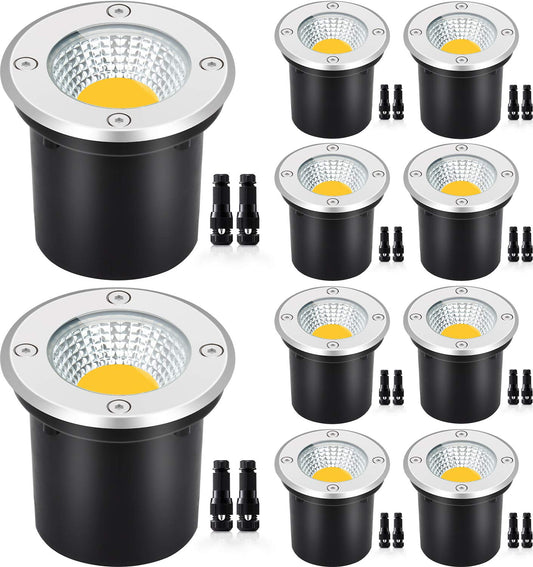 SUNVIE Low Voltage Landscape Well Lights, 12W LED, IP67 Waterproof, 10 Pack with Connectors, Warm White, Black