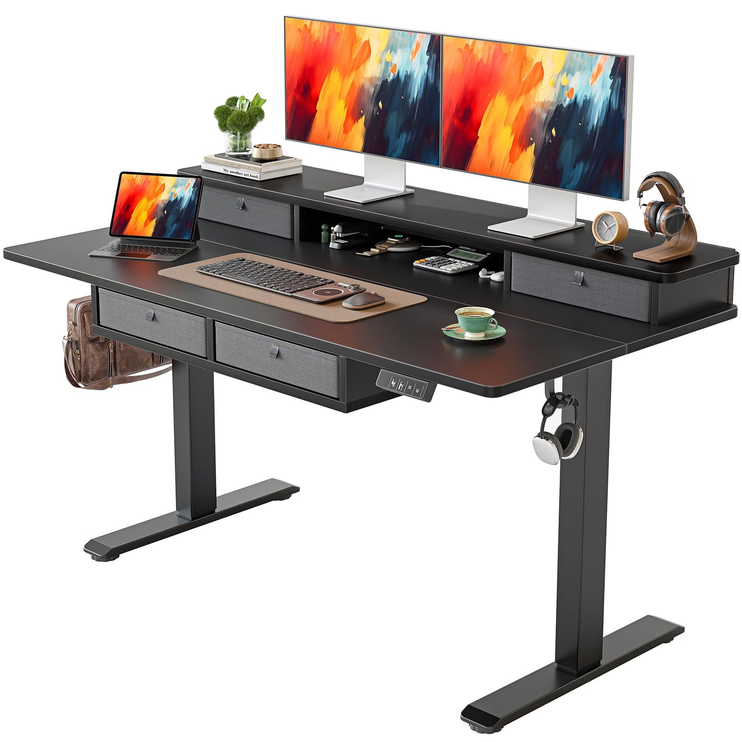 TIQLAB 55 * 28 Inch Standing Desk with Four Drawers, Electric Sit Stand Table, Stand Up Desk Adjustable Height with Storage Shelf, Splice Board, Black
