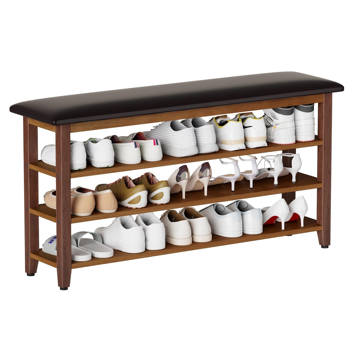 Vellzeyce Shoe Bench with Leather Cushion,Wood Bench with Shoe Rack,3-Tier Shoe Storage Organizer for Entryway,Hallway,Living Room (Brown, 3-Tier-47.3")