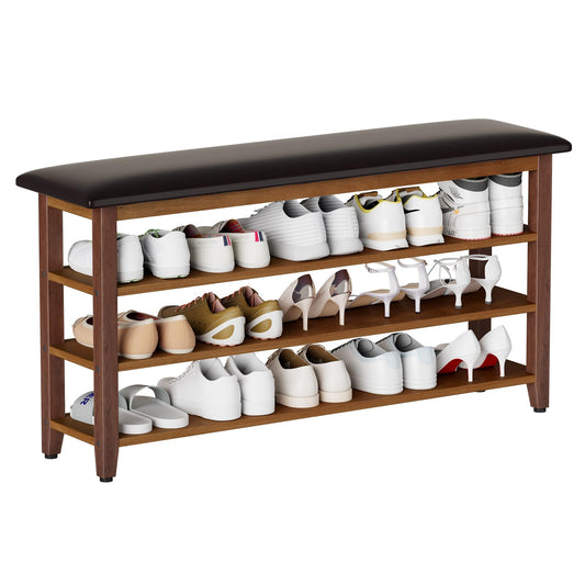 Vellzeyce Shoe Bench with Leather Cushion,Wood Bench with Shoe Rack,3-Tier Shoe Storage Organizer for Entryway,Hallway,Living Room (Brown, 3-Tier-47.3")