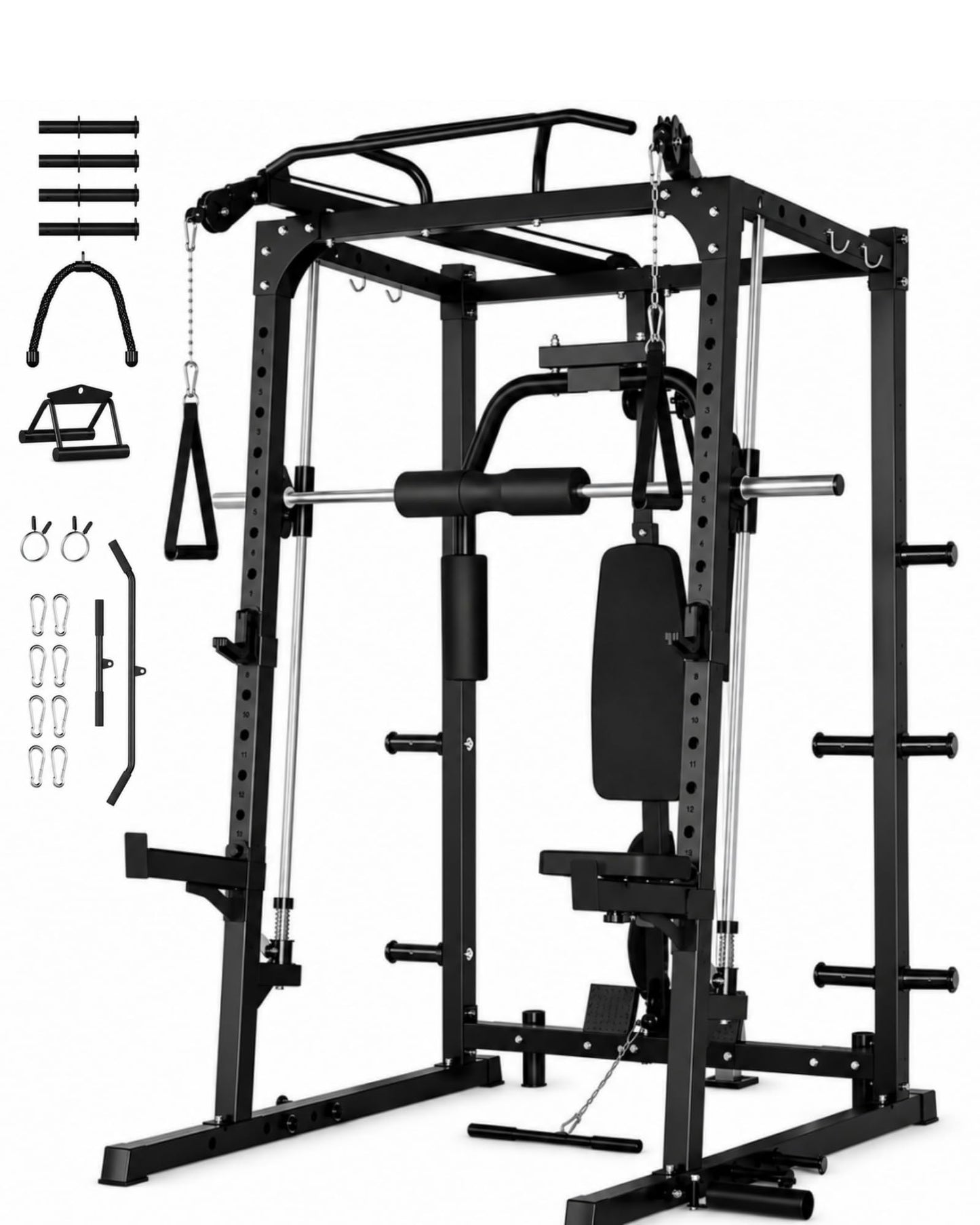 Smith Machine Squat Rack with Butterfly Chest Sation, Multi-Function Home Gym Power Cage with Cable Crossover, LAT Pulldown, 8 Weight Storage Pins & T-Bar for Full Body Strength Training