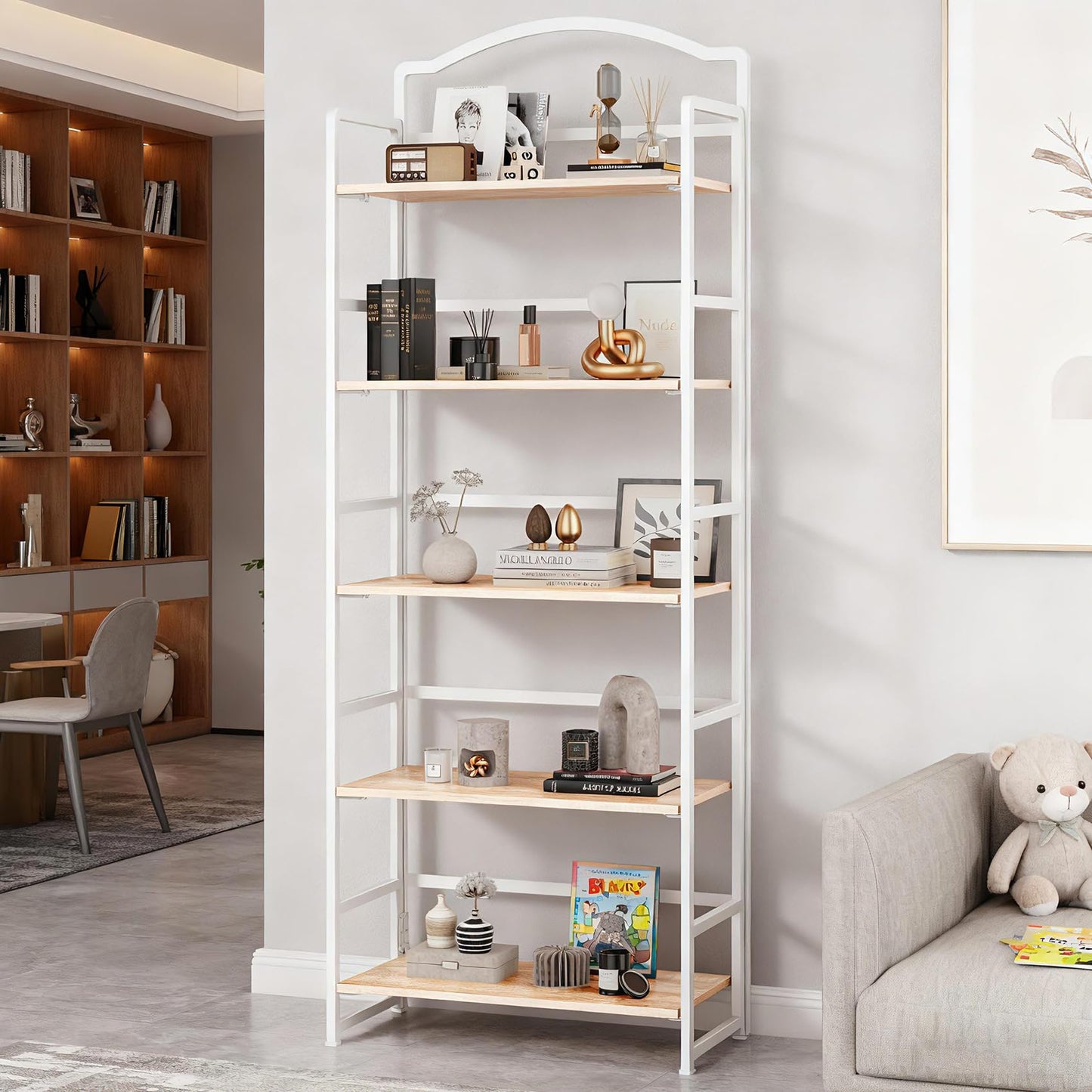 JSB 5 Tier No Assembly Folding Bookshelf, Arched Bookshelf, Foldable Bookcase for Living Room, Bedroom, Office,Skinny Bookshelf (White)