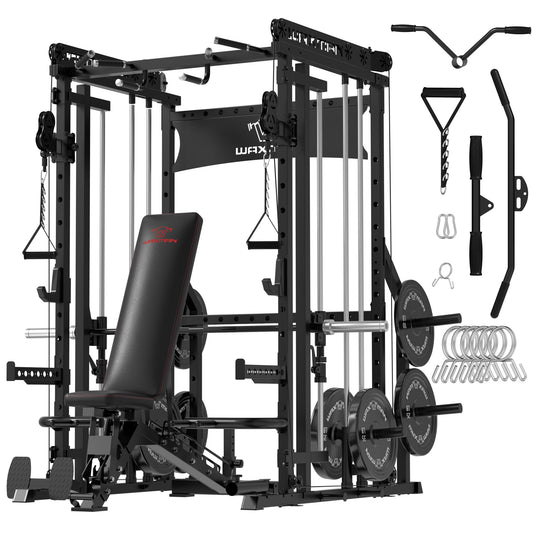 Waxman Smith Machine, 2200lbs Squat Rack with Pull Down System & Cable Crossover Machine, Training Equipment with Leg Hold, Down Attachment for Garage and Home Gym Packagewith 340lBS Black Plates