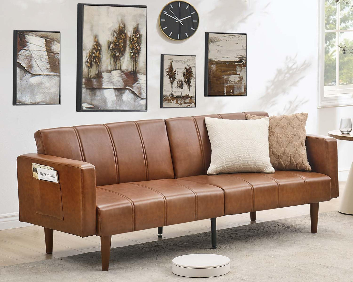 GOCAPTAIN 75" Convertible Futon Sofa Bed, Mid-Century Modern PU Leather Couch with Adjustable Backrest, Sleeper Loveseat with Side Pockets, Easy Assembly for Living Room & Guest Room (Brown)